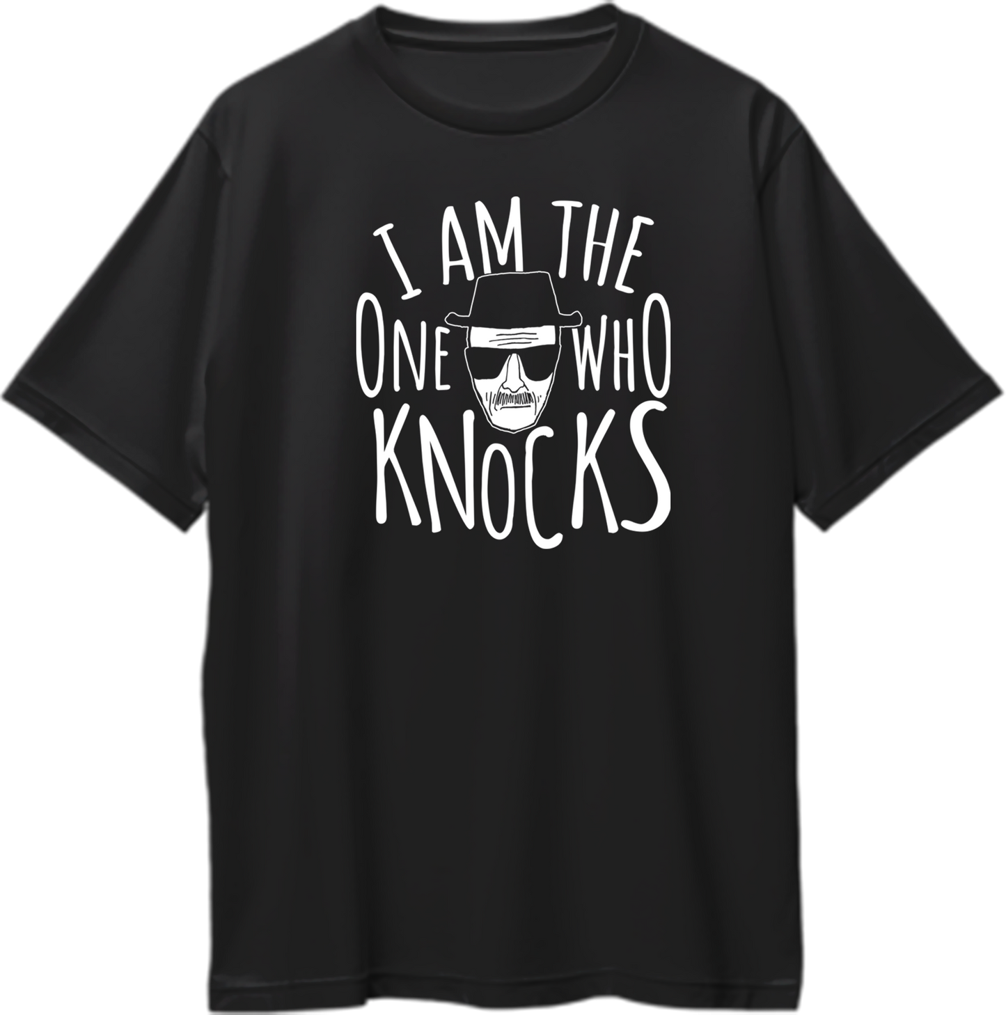 Am The One Who Knocks Oversized Unisex T-Shirt with bold 'I AM THE ONE WHO KNOCKS' text across the chest and Walter White design, inspired by Breaking Bad.