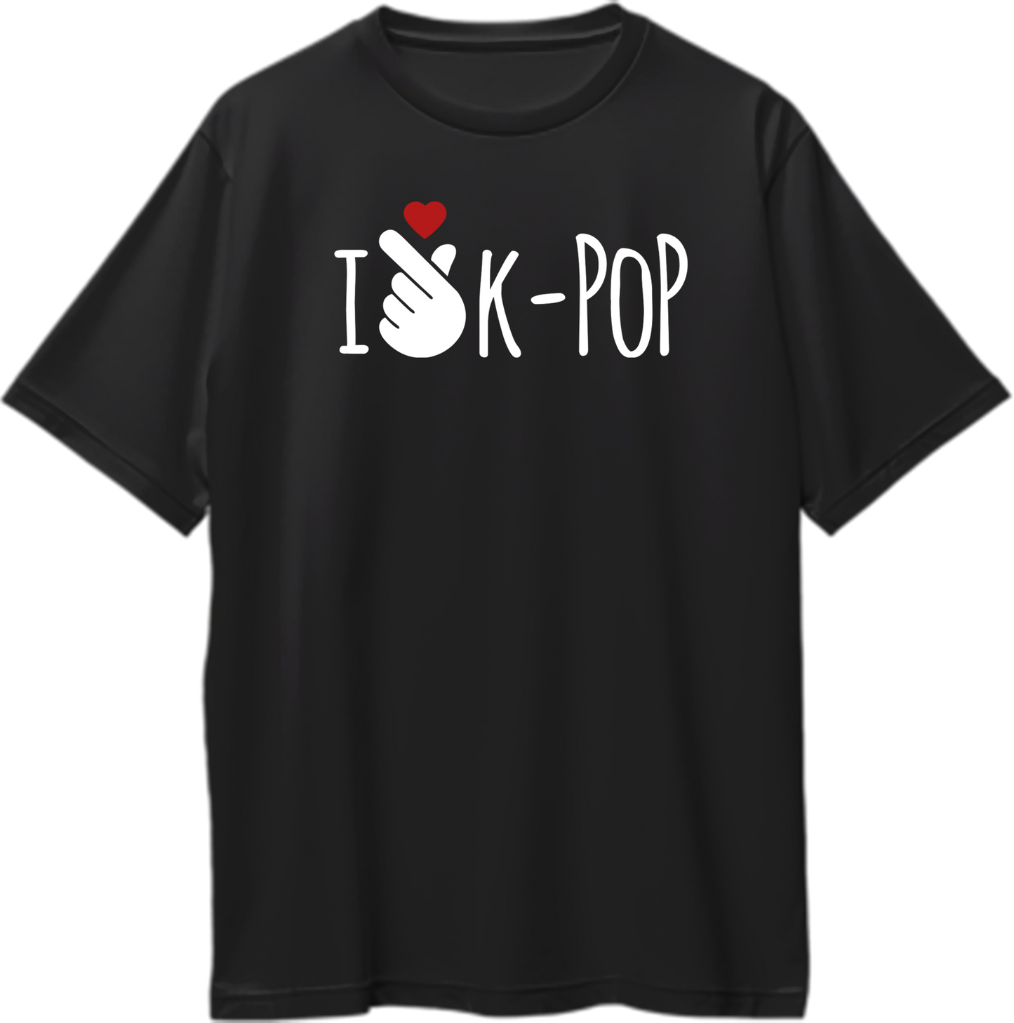 Black I Love K-POP Oversized T-Shirt with white typography, finger-heart graphic, and red heart by Garrari