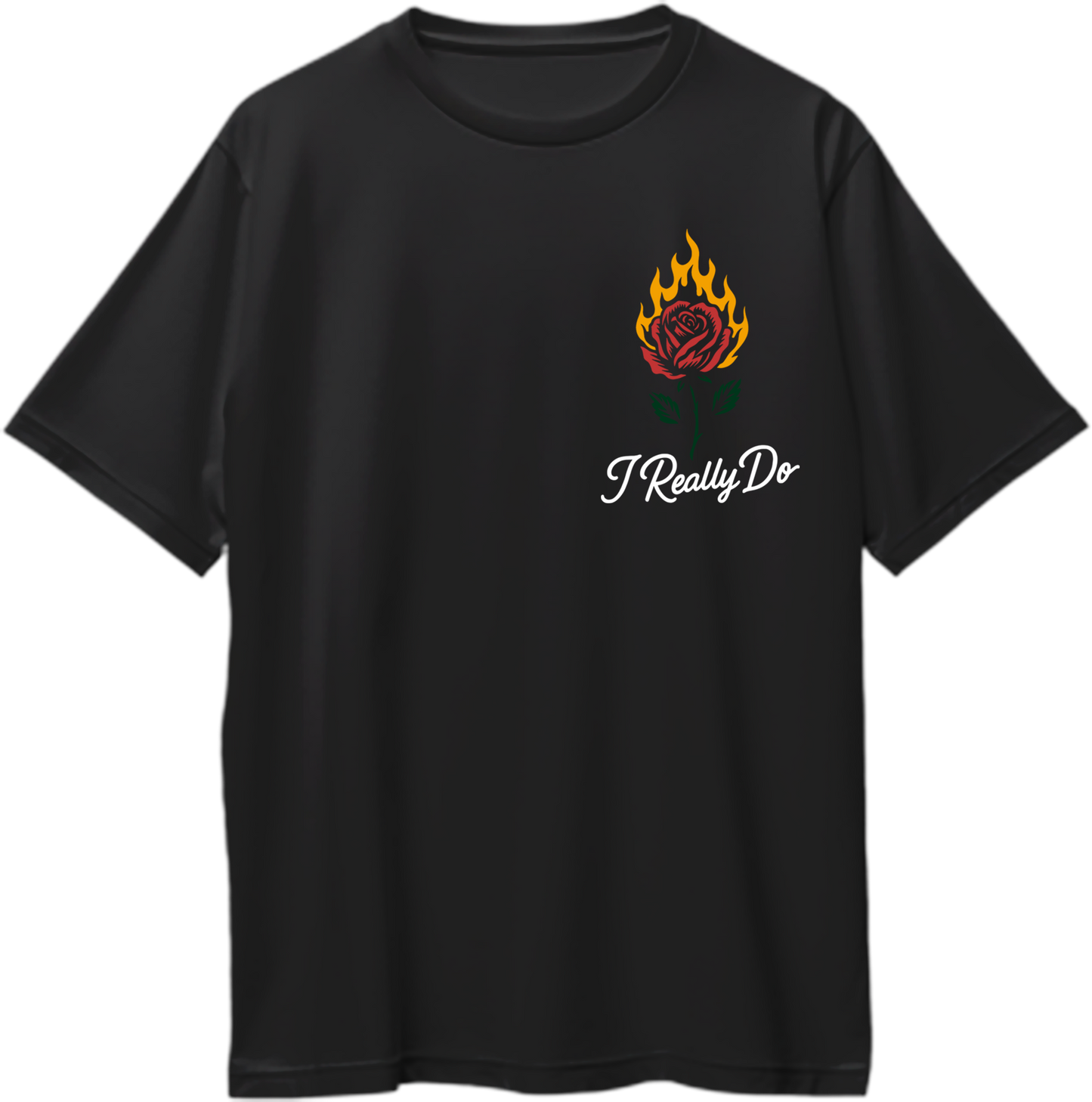 Black oversized unisex T-shirt featuring a minimal flame-rose design and the text I Really Do inspired by Karan Aujla.”