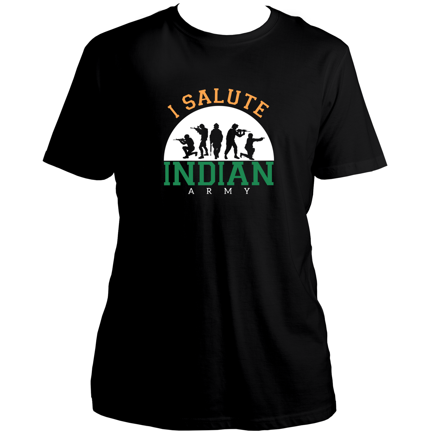 Black I Salute Indian Army Unisex T-Shirt with patriotic soldier silhouette print by Garrari