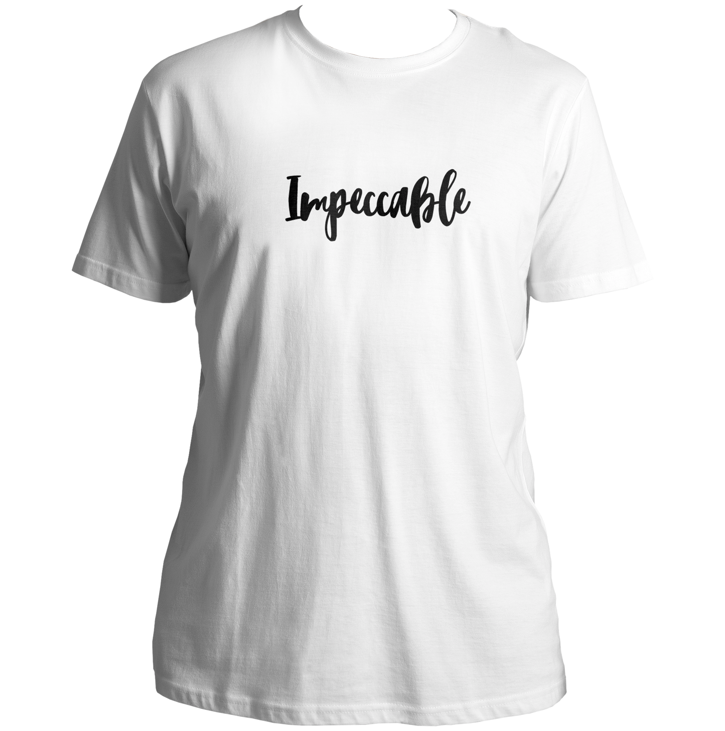 White Impeccable Unisex T-Shirt with minimal black typography by Garrari