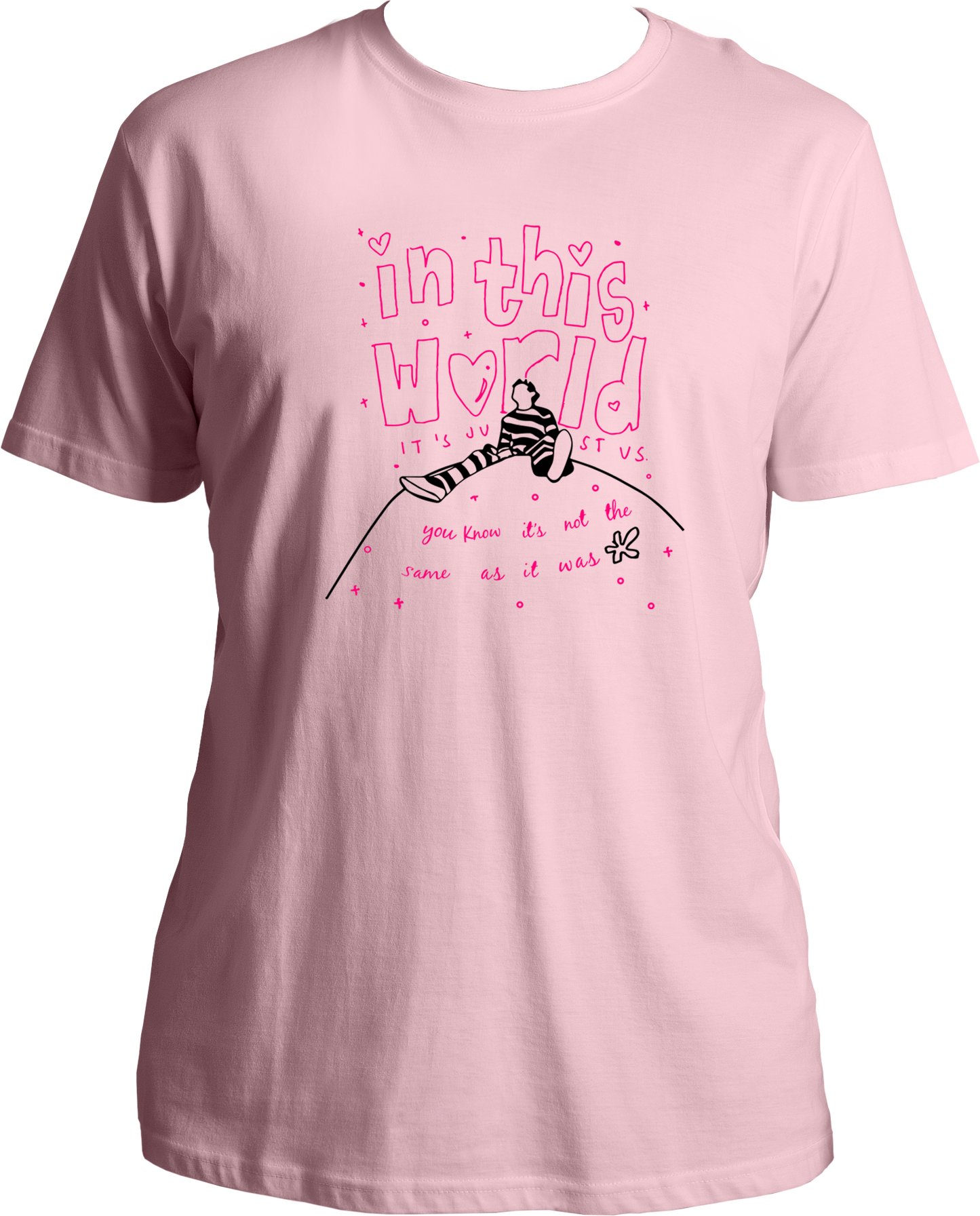 This unisex t-shirt features the popular Harry Styles song, "In This World". Music and Movie fans from all around the world will love this stylish piece of apparel and the impressive international appeal it brings. Perfect for any occasion, these tees from Garrari will make you feel like a true fan.