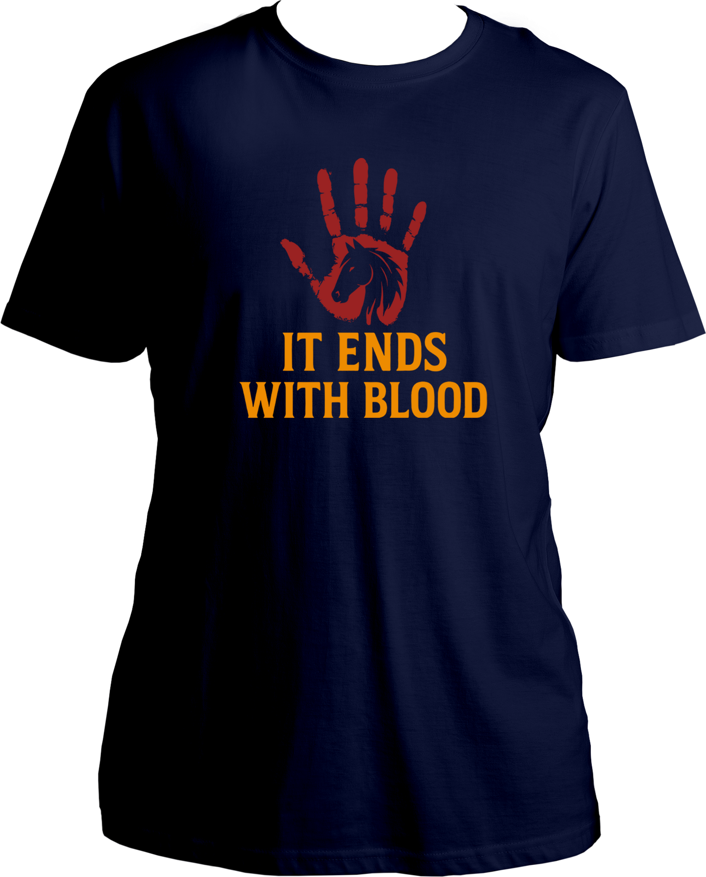 unisex t-shirt featuring red handprint and horse silhouette with text “It Ends With Blood” – Garrari RDR2 Collection.