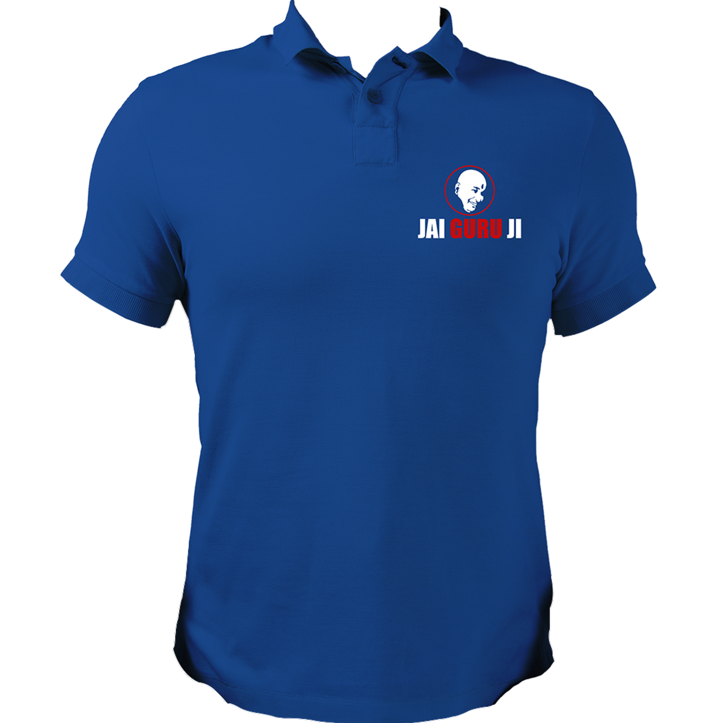 Royal Blue Jai Guru Ji polo T-shirt with pocket-side Guruji devotional print by Garrari