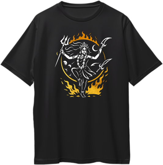 Black oversized unisex t-shirt featuring Goddess Kali performing Tandav with trishul and sword surrounded by flames and reflective golden detailing – Garrari Brand.