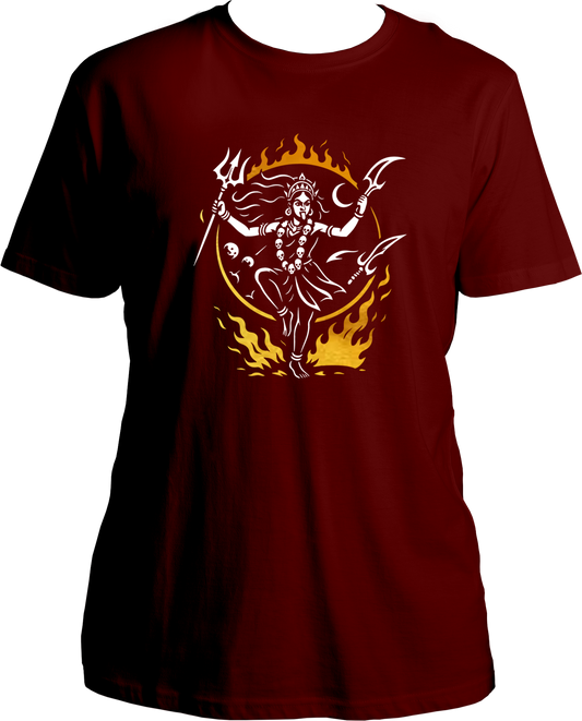 Unisex cotton t-shirt featuring Goddess Kali performing Tandav with trishul surrounded by divine flames and reflective golden accents – Garrari Brand.