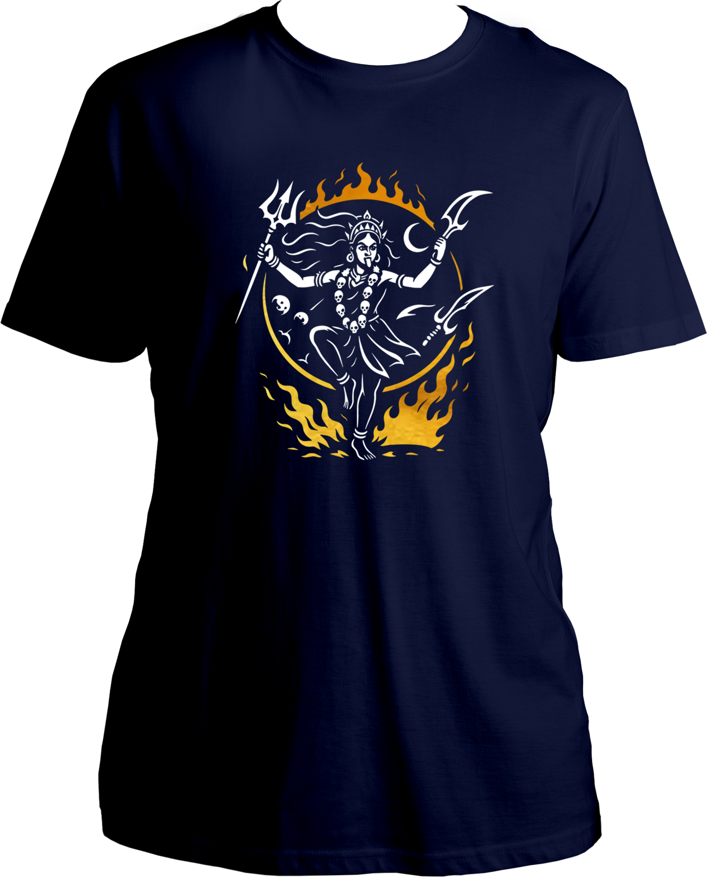 Unisex cotton t-shirt featuring Goddess Kali performing Tandav with trishul surrounded by divine flames and reflective golden accents – Garrari Brand.