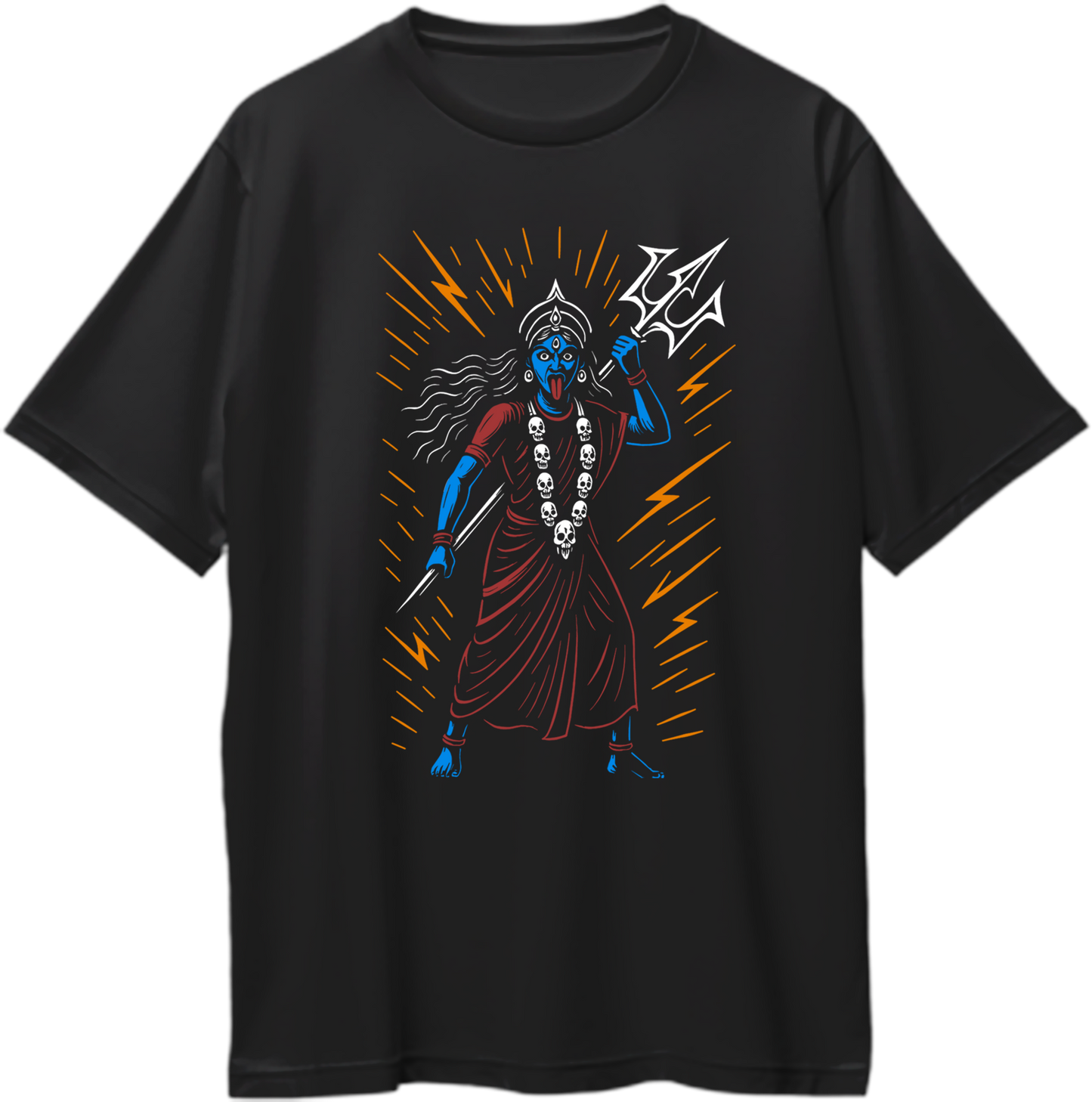 Black oversized unisex t-shirt featuring Goddess Kali Maa with trishul and sword, radiating divine energy lines – Garrari Brand.