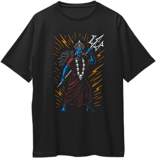 Black oversized unisex t-shirt featuring Goddess Kali Maa with trishul and sword, radiating divine energy lines – Garrari Brand.