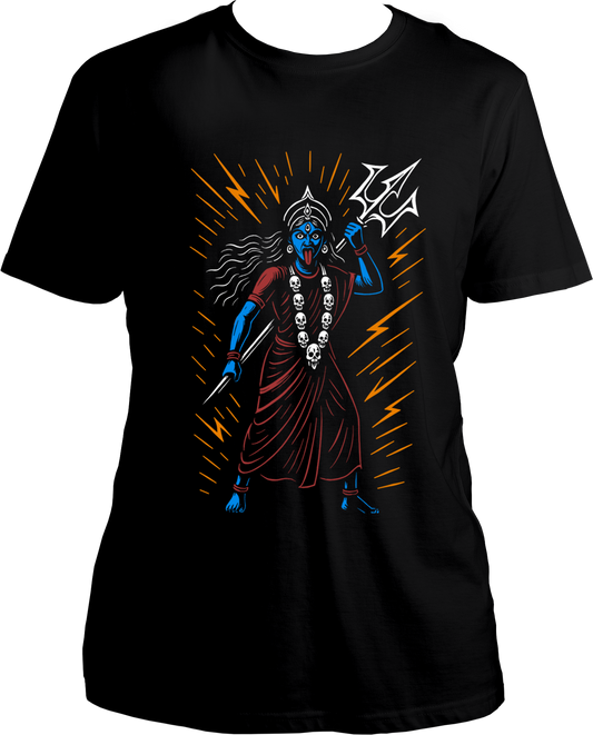 Black unisex cotton t-shirt featuring Goddess Kali Maa holding trishul surrounded by divine radiant energy lines – Garrari Brand.