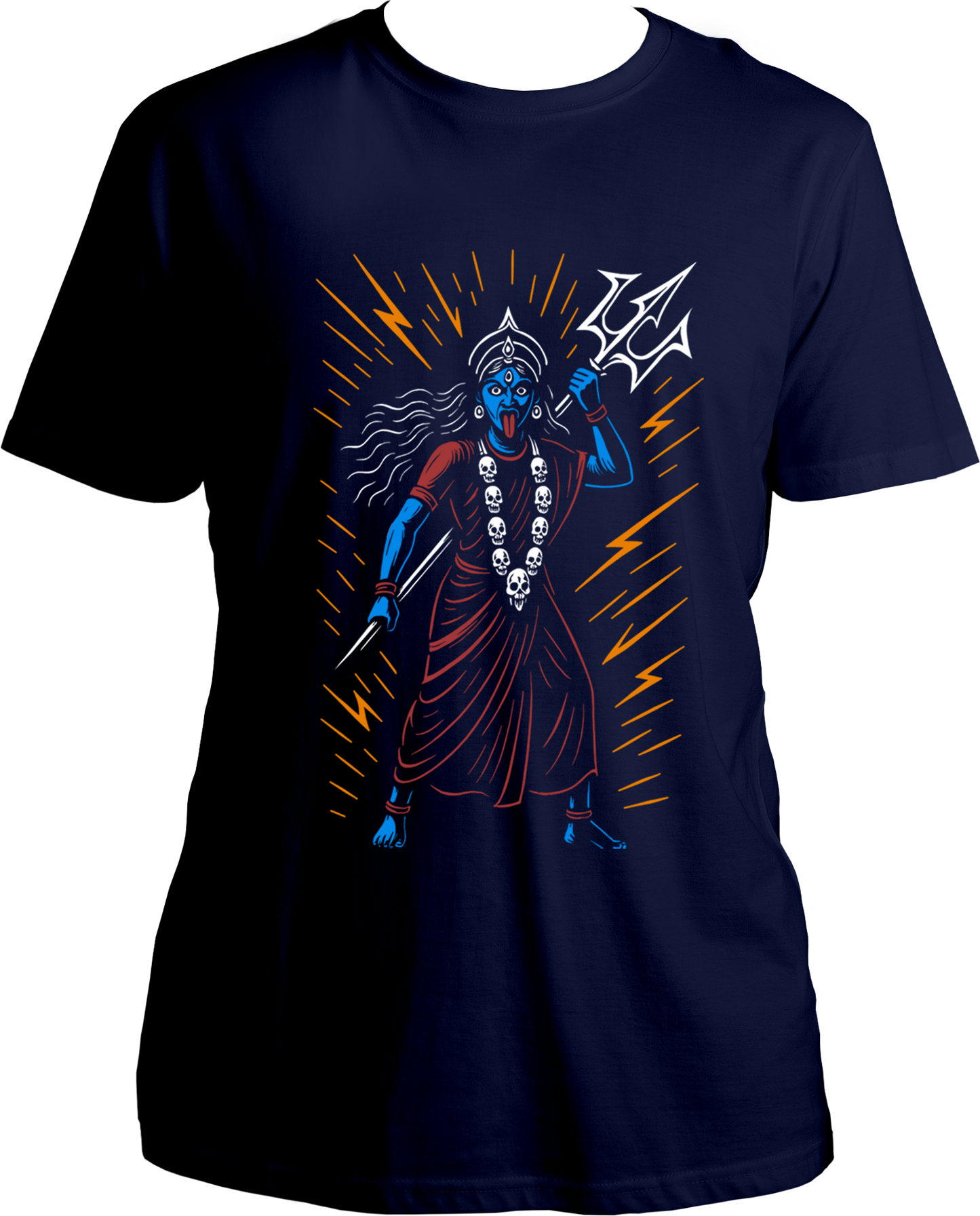 Navy Blue unisex cotton t-shirt featuring Goddess Kali Maa holding trishul surrounded by divine radiant energy lines – Garrari Brand.