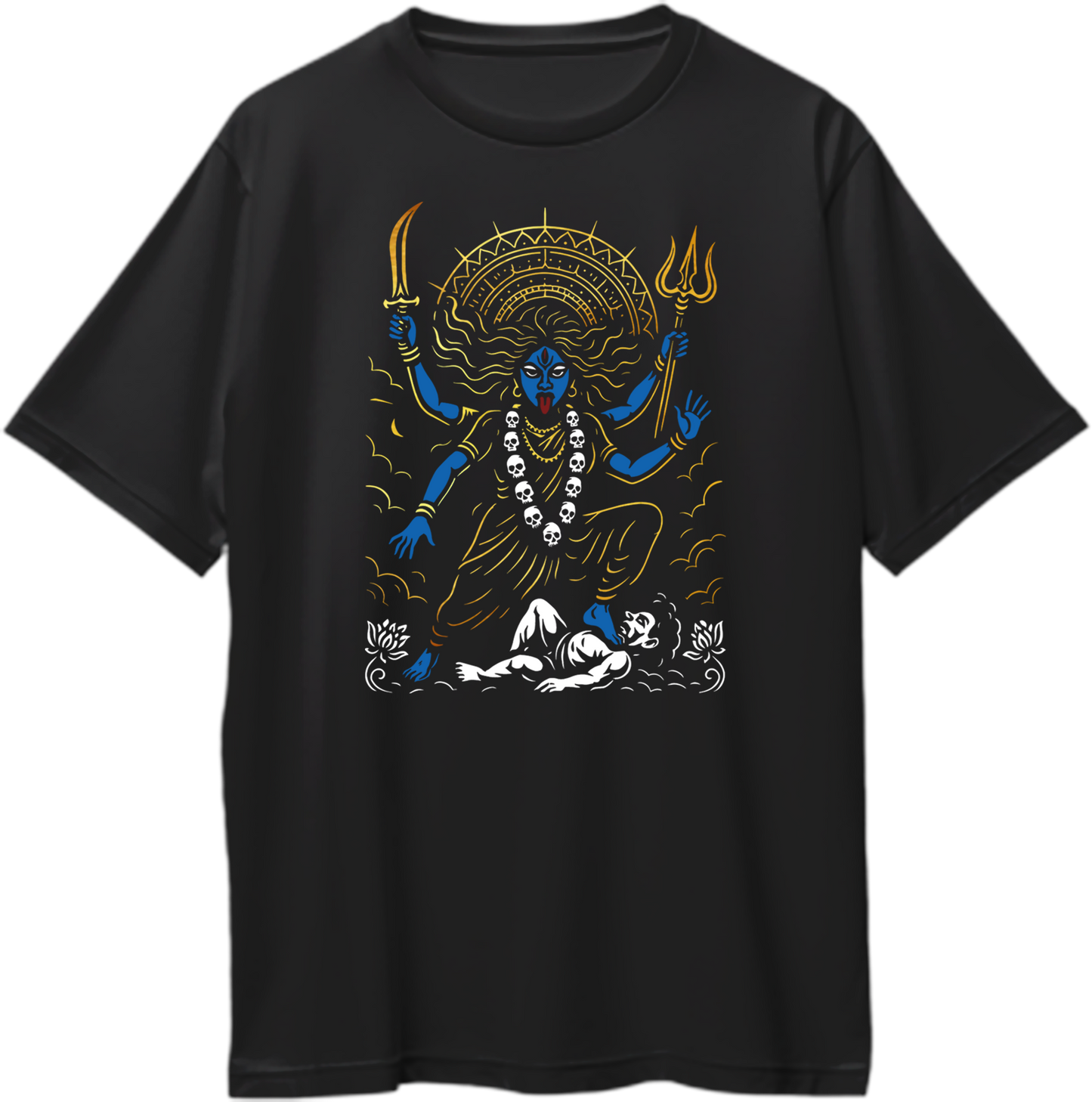 Black oversized unisex t-shirt with Goddess Kali Maa artwork, trishul & sword, skull garland, and reflective golden detailing – Garrari Brand.