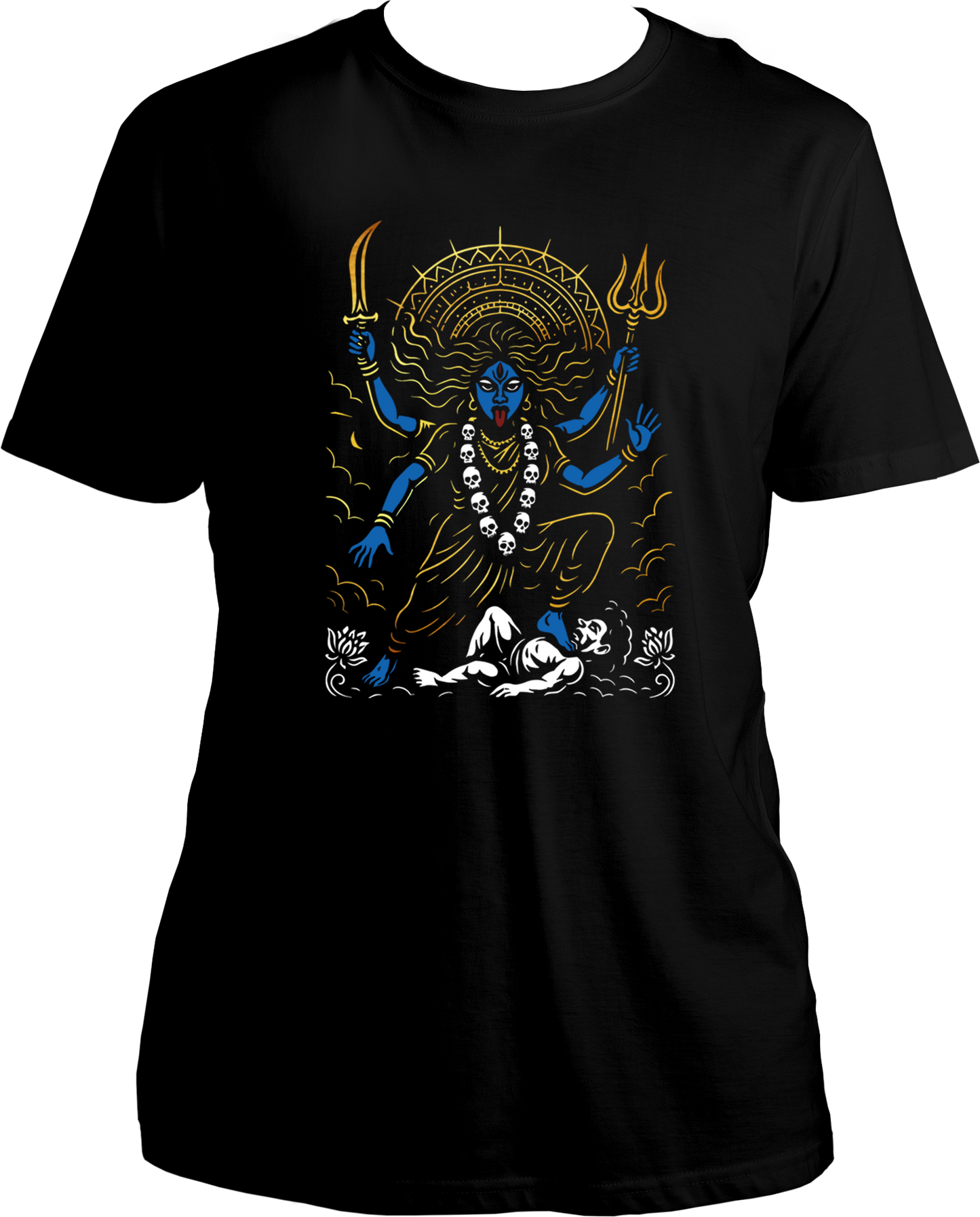 Unisex black cotton t-shirt with Goddess Kali Maa artwork, trishul & sword, skull garland, reflective golden print detailing – Garrari Brand.