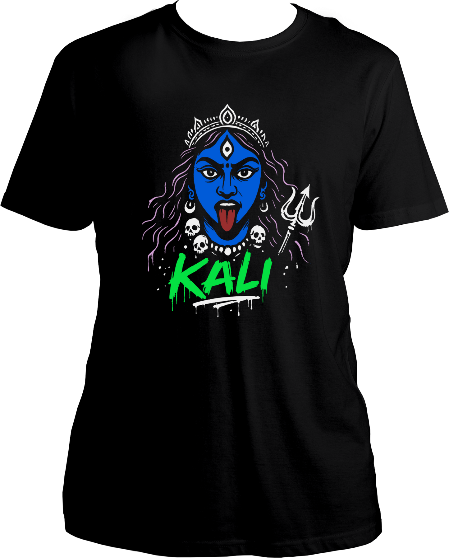 Unisex cotton t-shirt featuring bold Goddess Kali graphic artwork with trishul design, devotional yet modern style – Garrari Brand.
