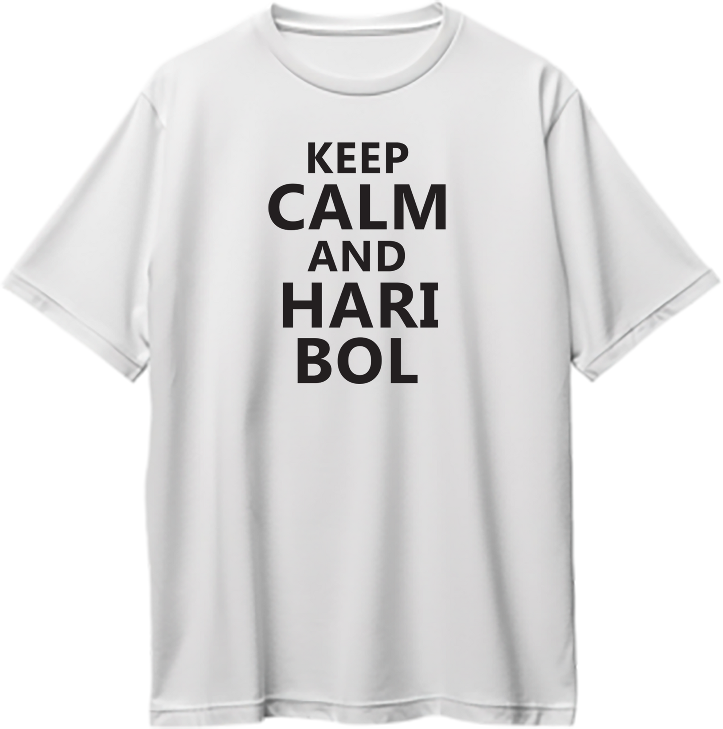 Keep Calm and Hari Bol oversized unisex t-shirt with Krishna-inspired design, perfect for devotees and spiritual seekers.