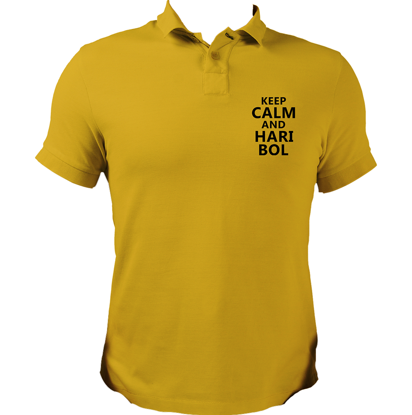 Yellow Keep Calm And Hari Bol polo T-shirt with small Hari Bol chest design by Garrari