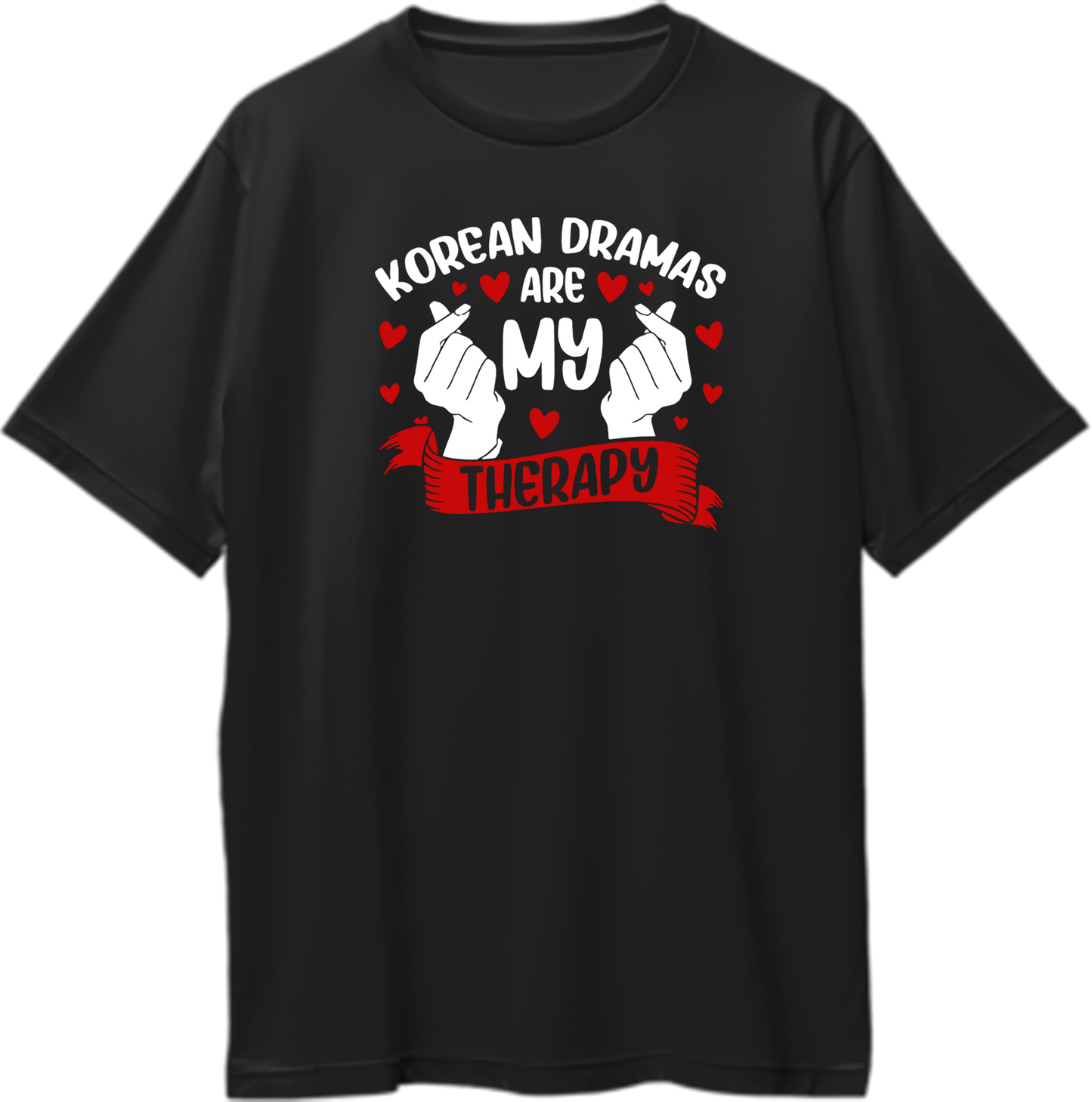 Oversized unisex t-shirt featuring 'Korean Dramas Are My Therapy' slogan for K-drama fans.