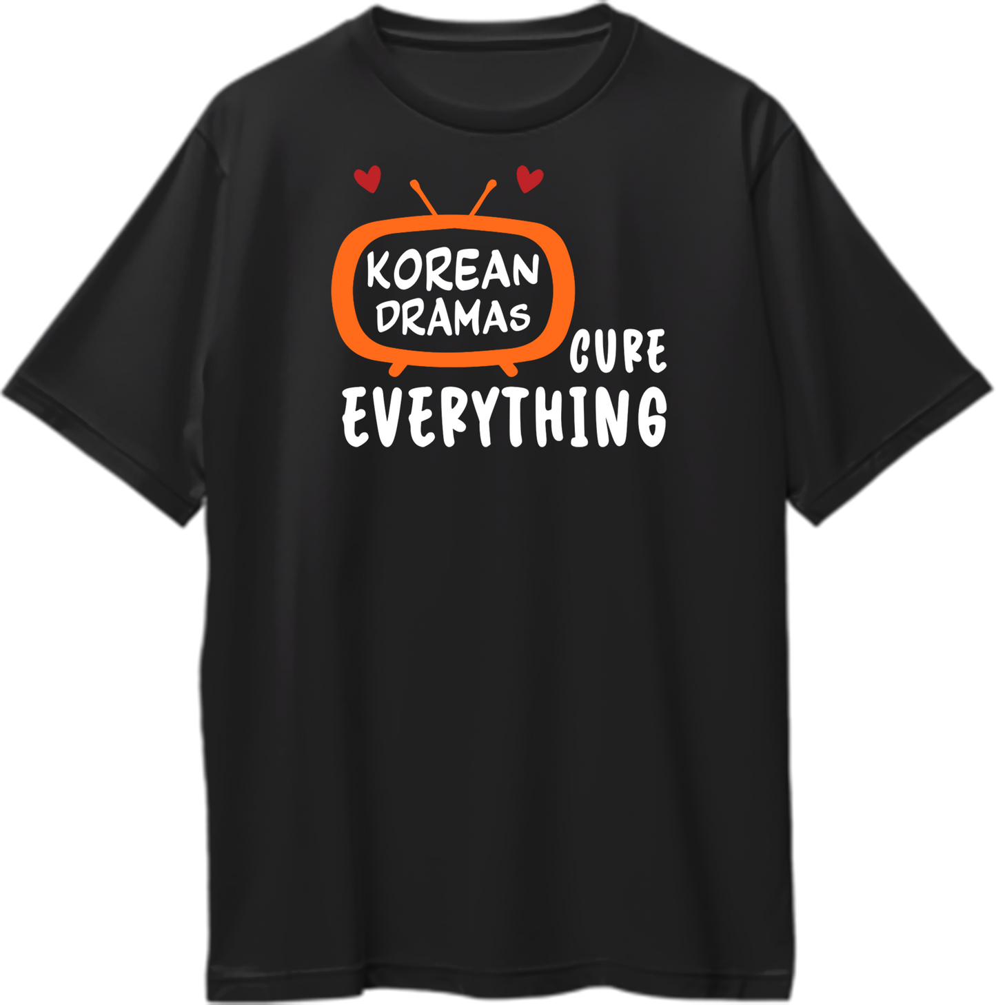 Oversized unisex t-shirt with 'Korean Dramas Cure Everything' slogan for K-drama fans.