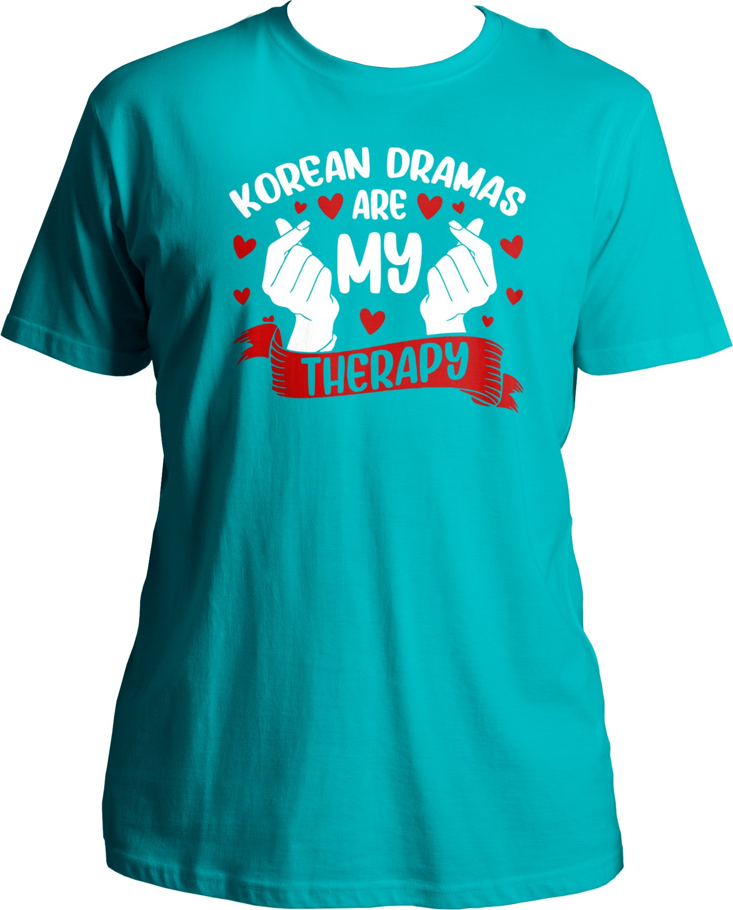 A stylish unisex t-shirt with the phrase "Korean Dramas Are My Therapy" printed on the front, perfect for K-Drama enthusiasts.