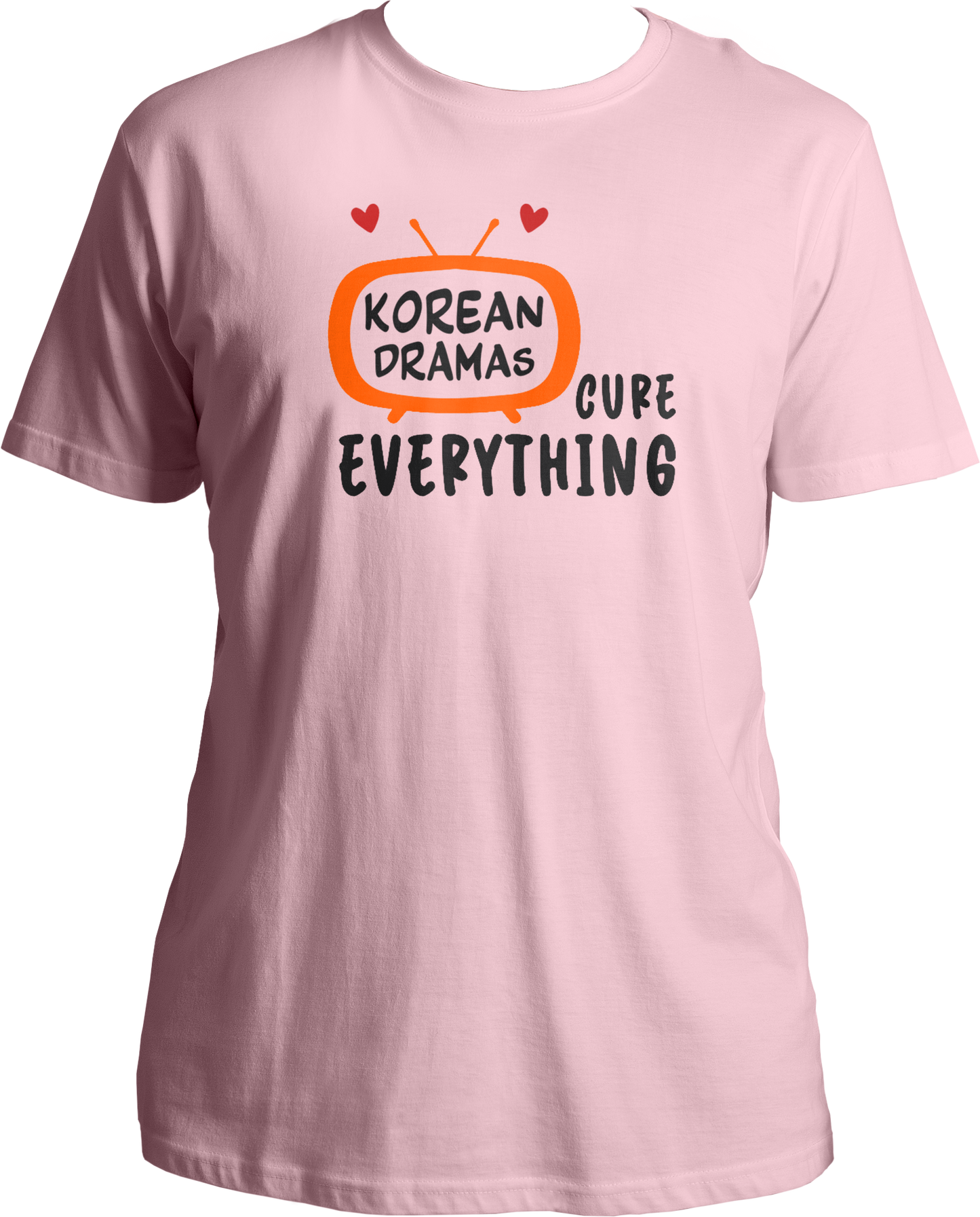 A unisex t-shirt displaying a TV graphic with "Korean Drama" inside and "cures everything" written outside, perfect for K-Drama fans.