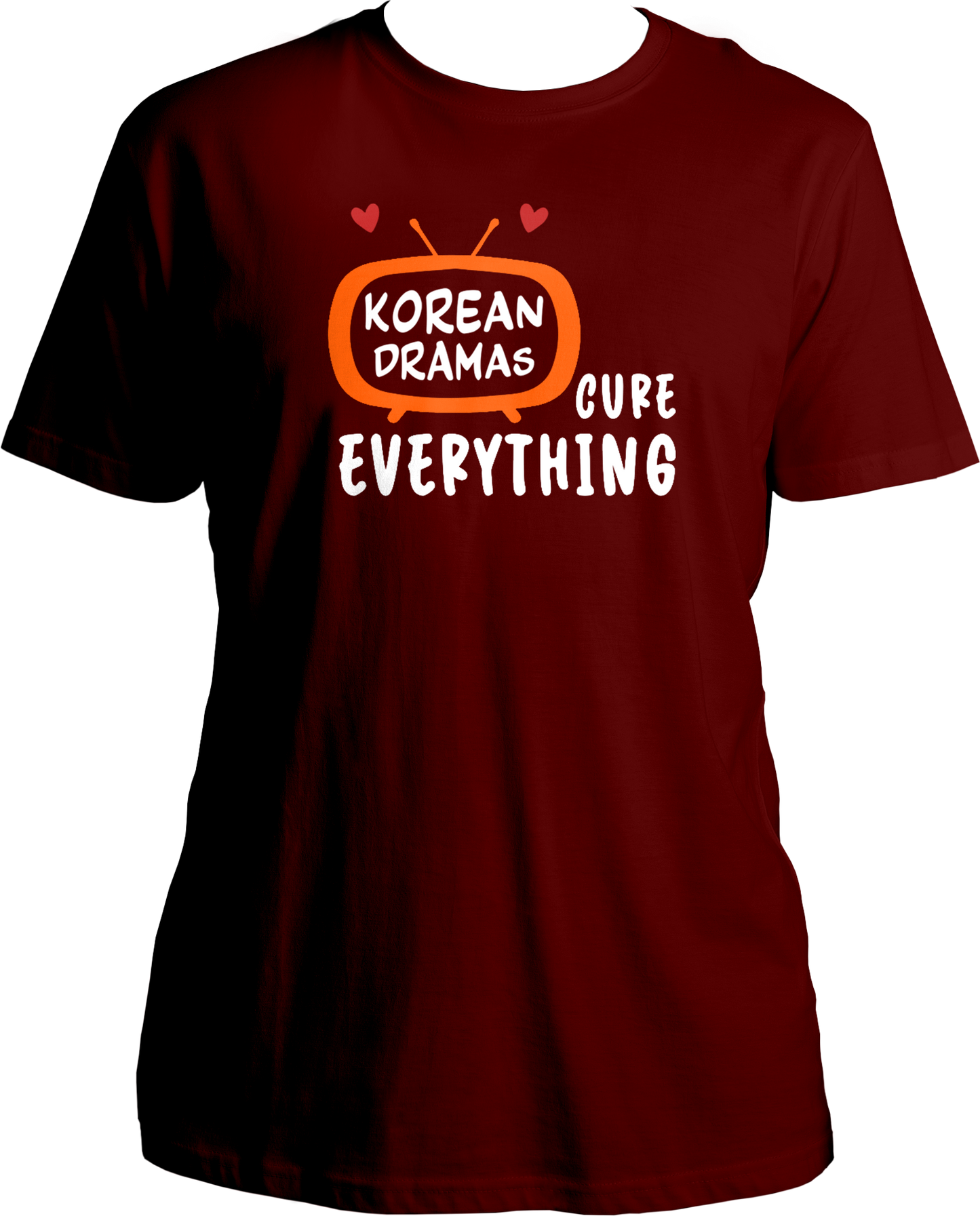 A unisex t-shirt displaying a TV graphic with "Korean Drama" inside and "cures everything" written outside, perfect for K-Drama fans.