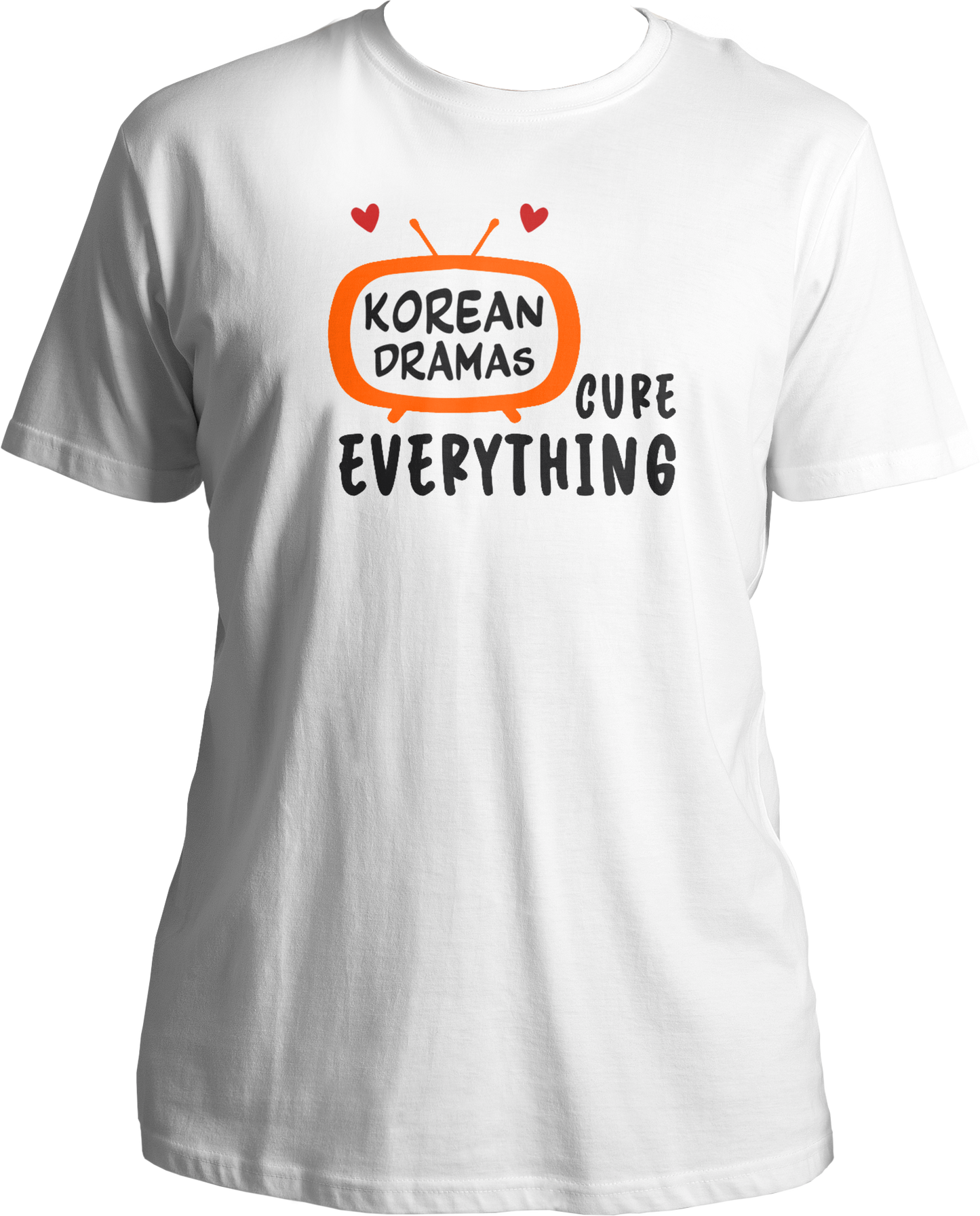 A unisex t-shirt displaying a TV graphic with "Korean Drama" inside and "cures everything" written outside, perfect for K-Drama fans.