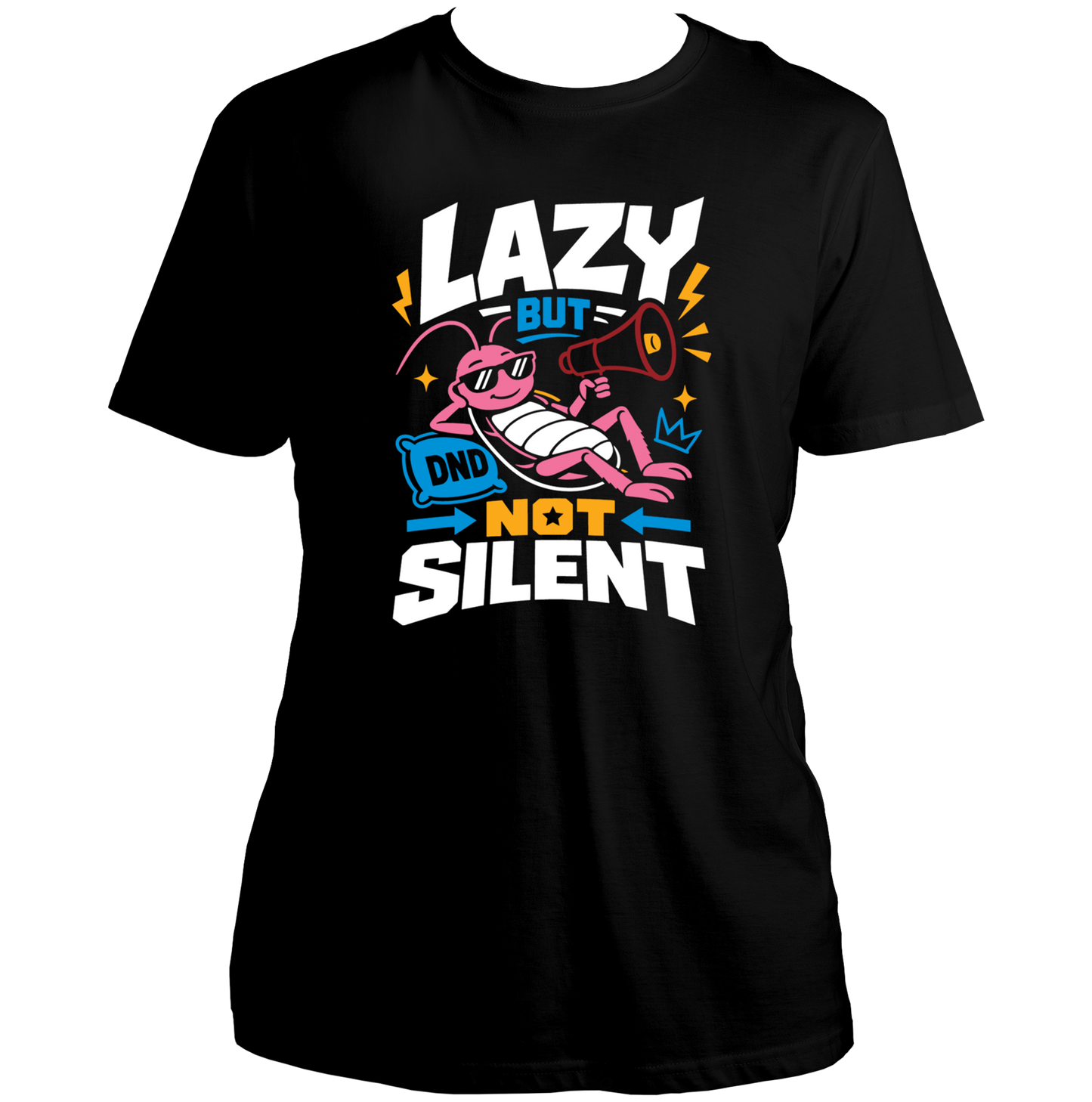 Lazy But Not Silent cockroach unisex black T-shirt with colourful megaphone graphic by Garrari