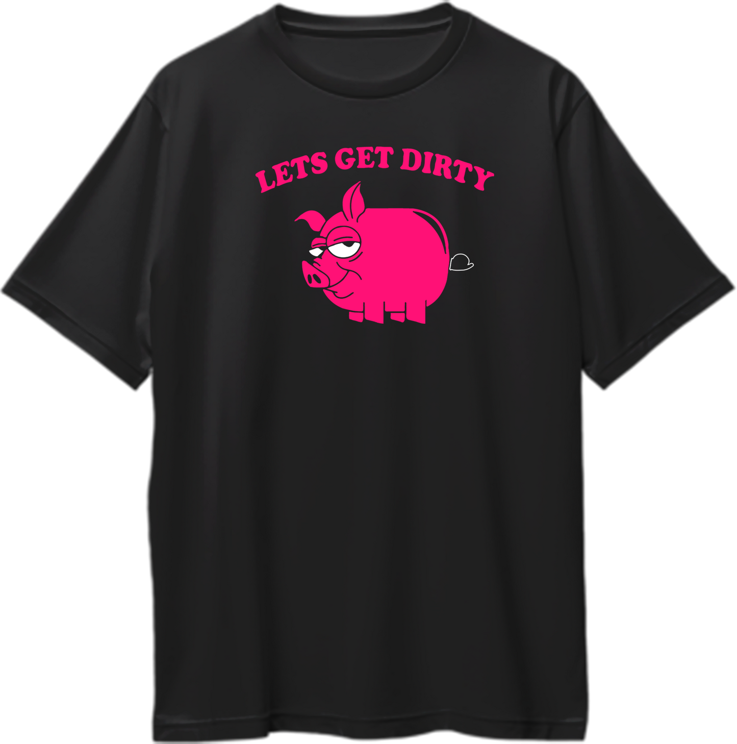 Black Let’s Get Dirty Oversized T-Shirt with pink pig graphic and funny quirky print by Garrari