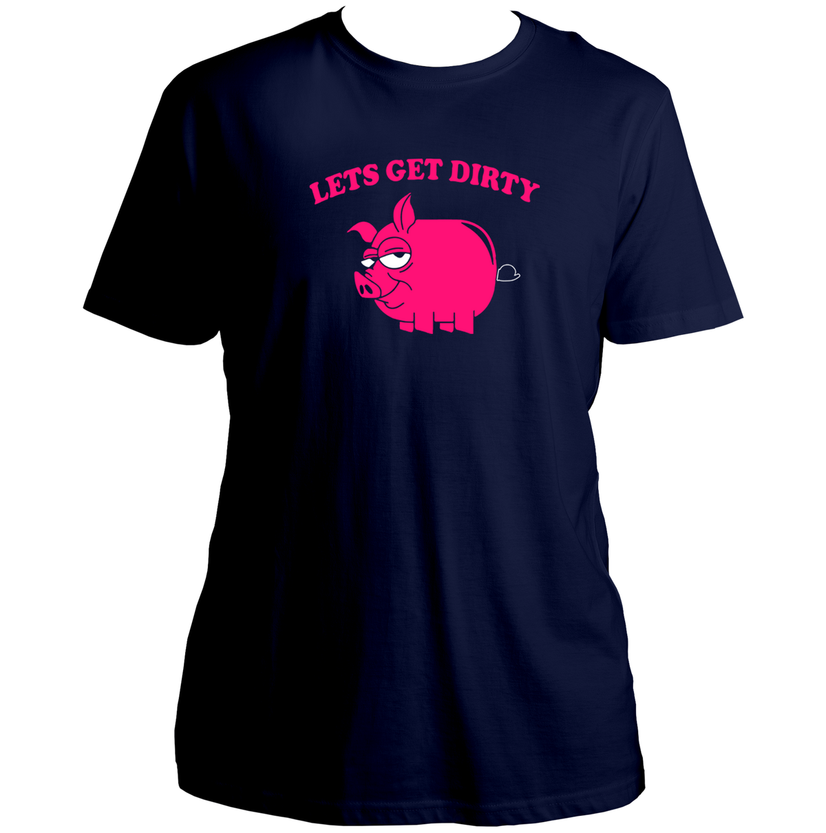 Navy Blue Let’s Get Dirty Unisex T-Shirt with funny pig artwork and playful text by Garrari