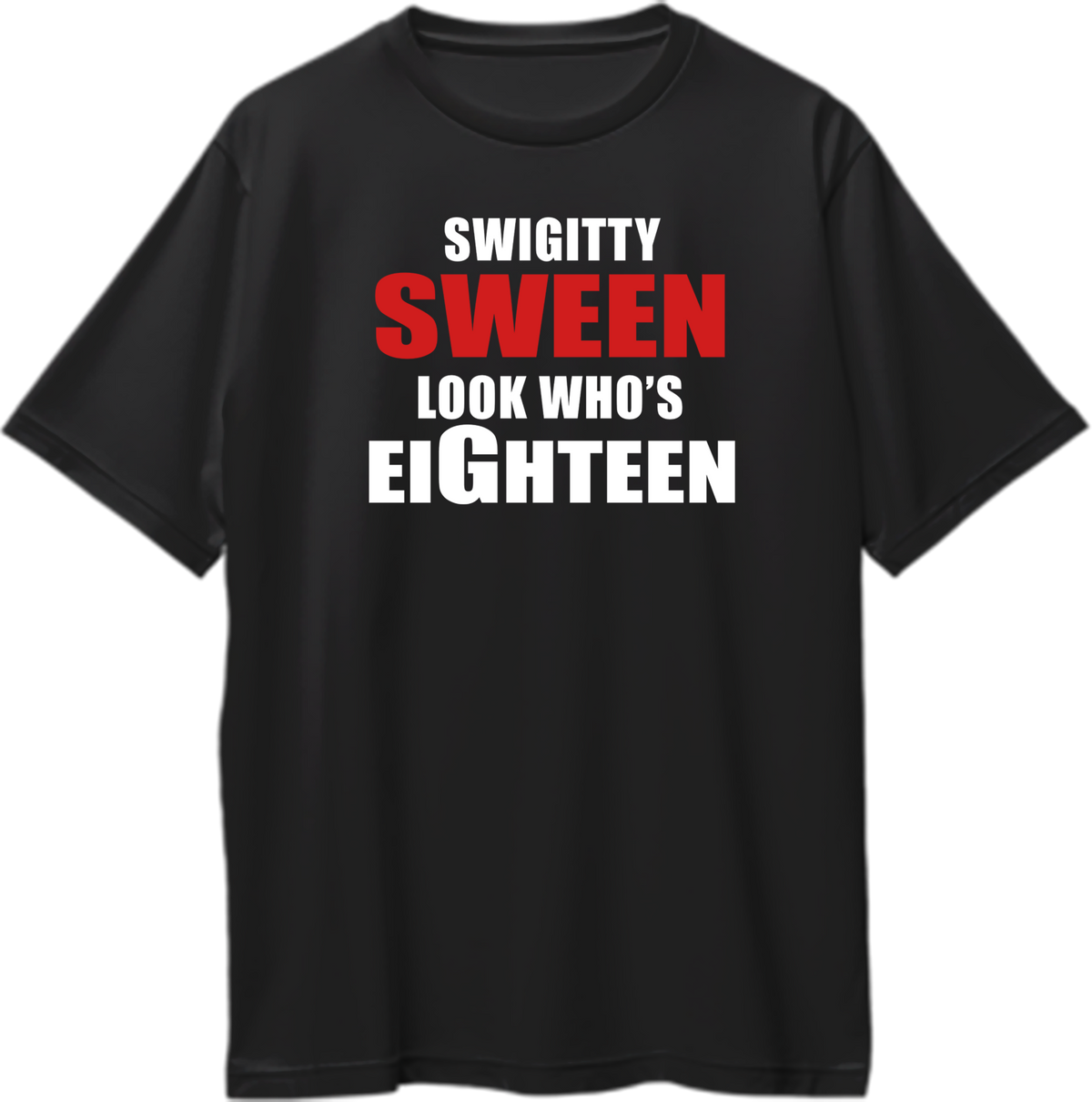 Black Look Who's Eighteen Oversized T-Shirt by Garrari with red and white 18th birthday statement graphic