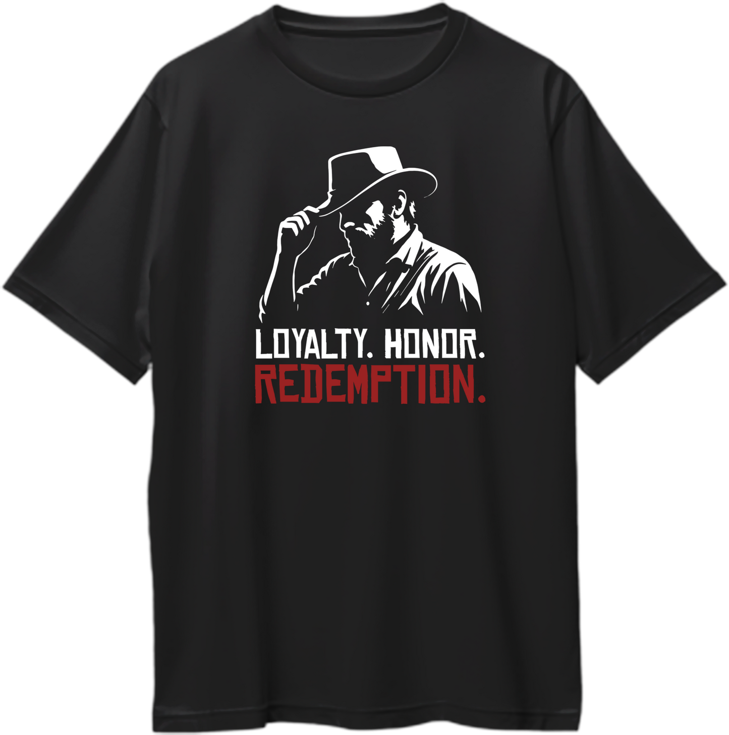 Black oversized t-shirt featuring Arthur Morgan silhouette and bold text “Loyalty. Honor. Redemption.” in white and red print – Garrari Brand.