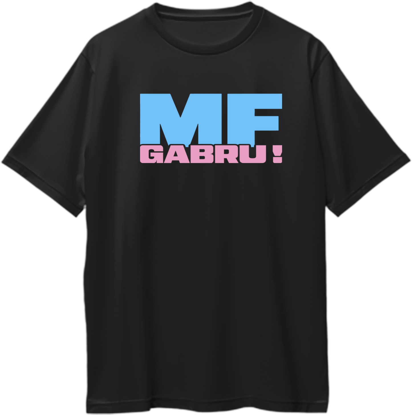 Black oversized T-shirt with bold sky-blue ‘MF’ and pink ‘Gabru!’ typography inspired by Karan Aujla