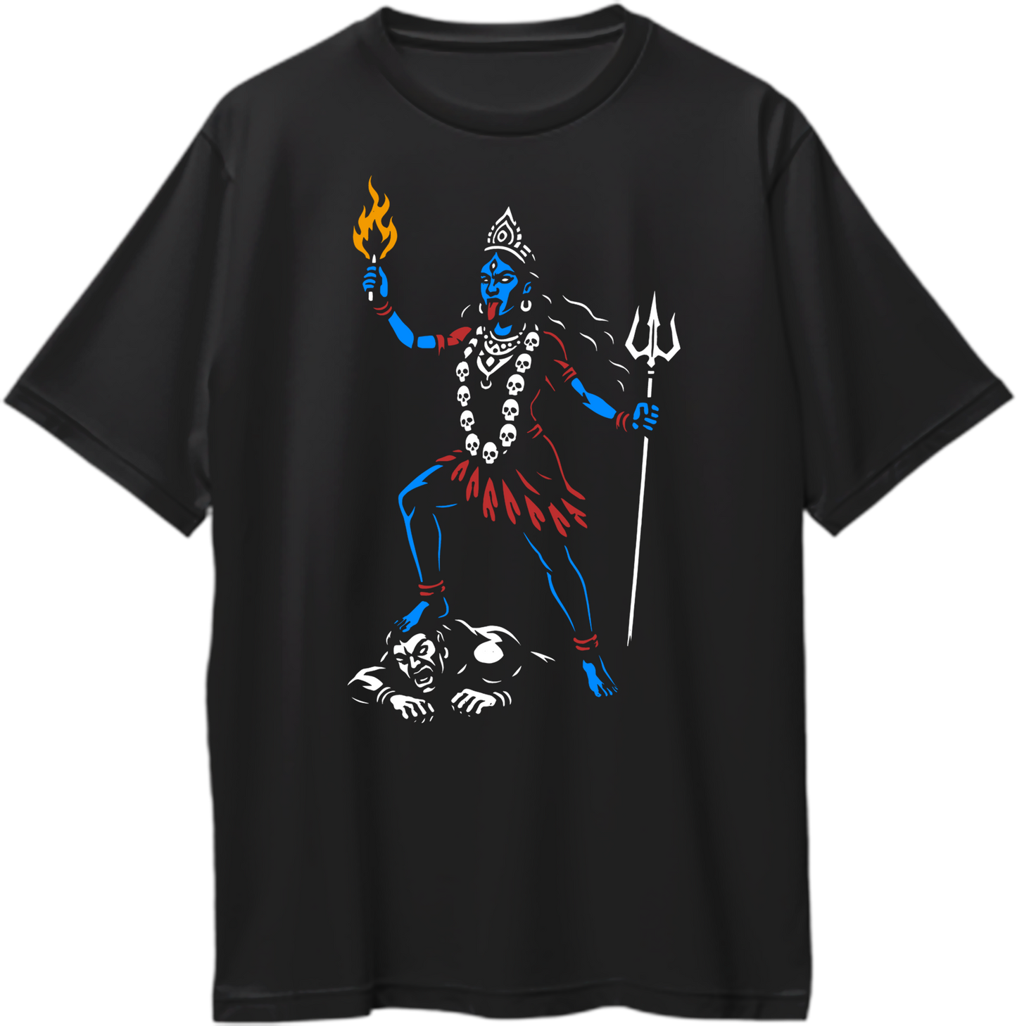 Black oversized unisex t-shirt featuring Goddess Kali Maa holding a flame and trishul standing over evil — symbol of divine victory and power – Garrari Brand.
