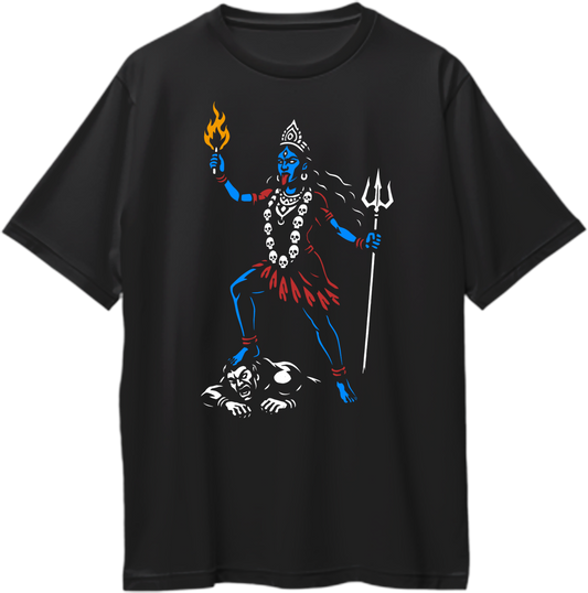 Black oversized unisex t-shirt featuring Goddess Kali Maa holding a flame and trishul standing over evil — symbol of divine victory and power – Garrari Brand.