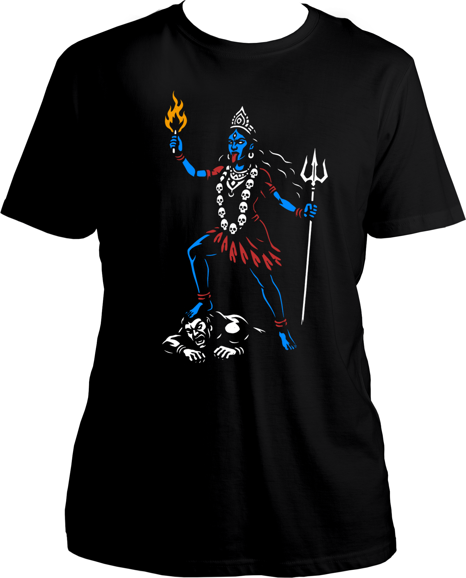 Black unisex cotton t-shirt featuring Goddess Kali Maa holding flame and trishul standing over evil — symbol of divine fire and strength – Garrari Brand.