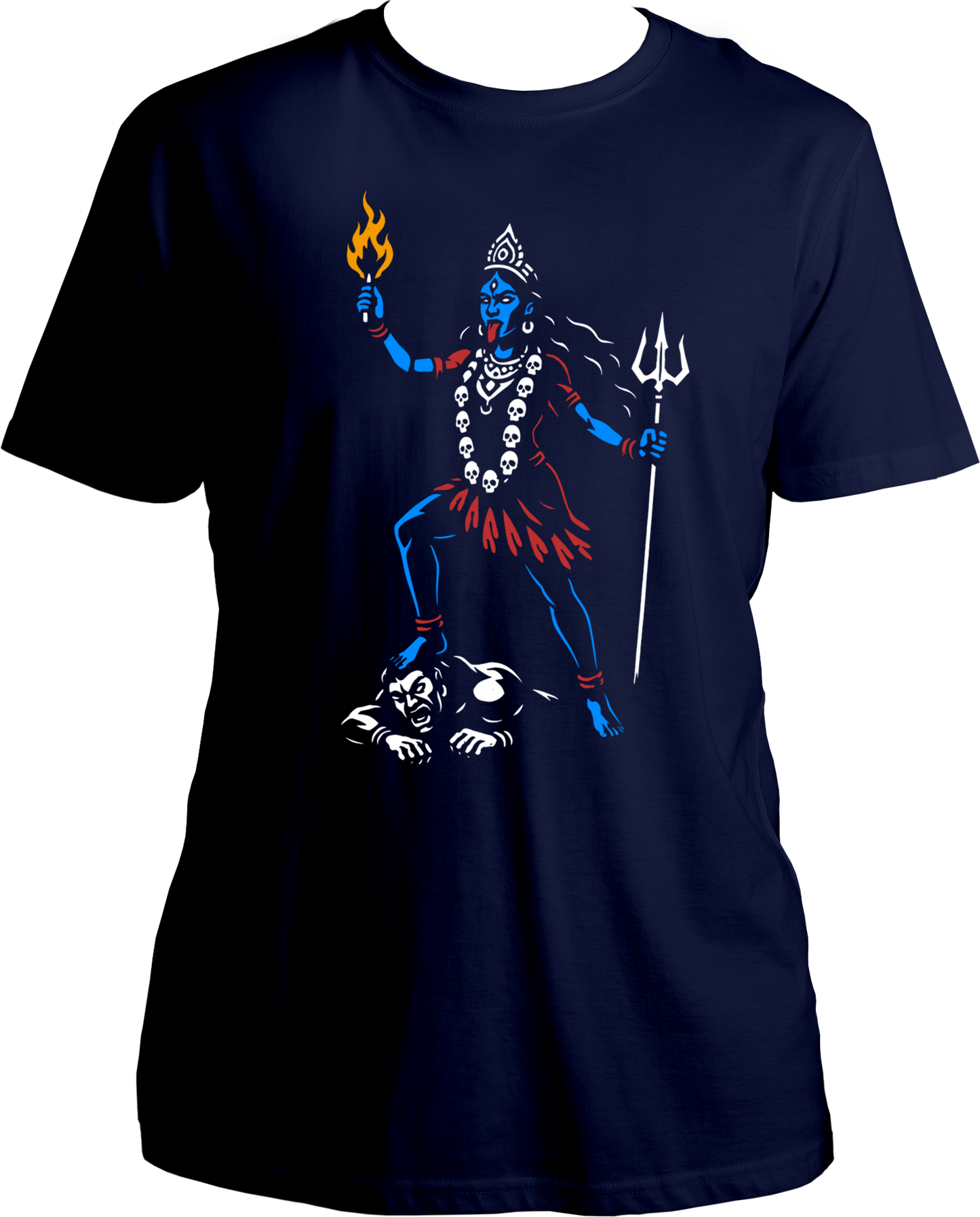 Navy Blue unisex cotton t-shirt featuring Goddess Kali Maa holding flame and trishul standing over evil — symbol of divine fire and strength – Garrari Brand.