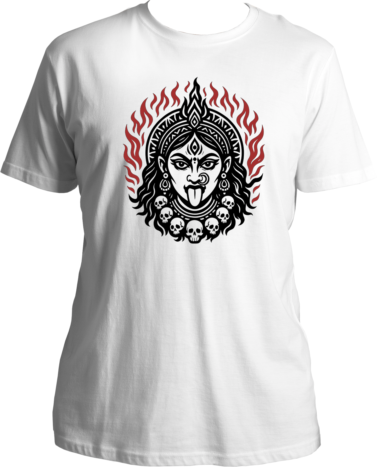 White unisex cotton t-shirt featuring Goddess Kali Maa face with sacred flames and skull garland — symbol of divine light and strength – Garrari Brand.