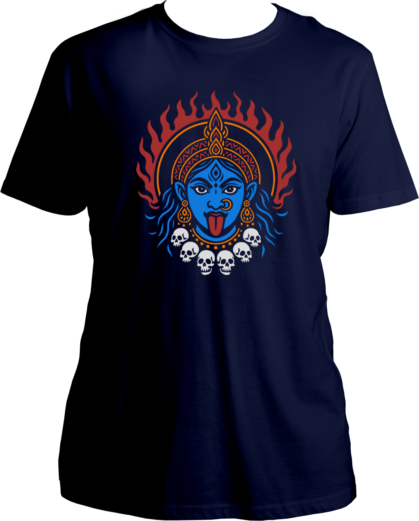 Navy Blue unisex cotton t-shirt featuring Goddess Kali Maa with blue face, red flames, and skull garland — symbol of divine fire and transformation – Garrari Brand.