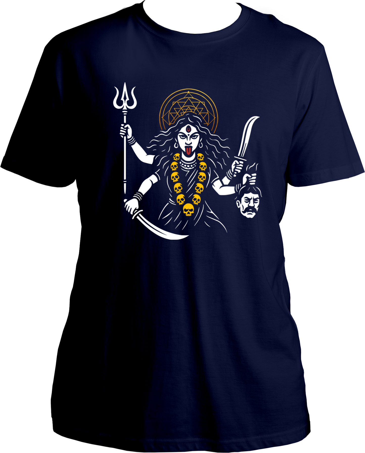 Navy Blue unisex cotton t-shirt featuring Goddess Kali Maa holding trishul, sword, and head of ego with reflective golden halo – Garrari Brand.