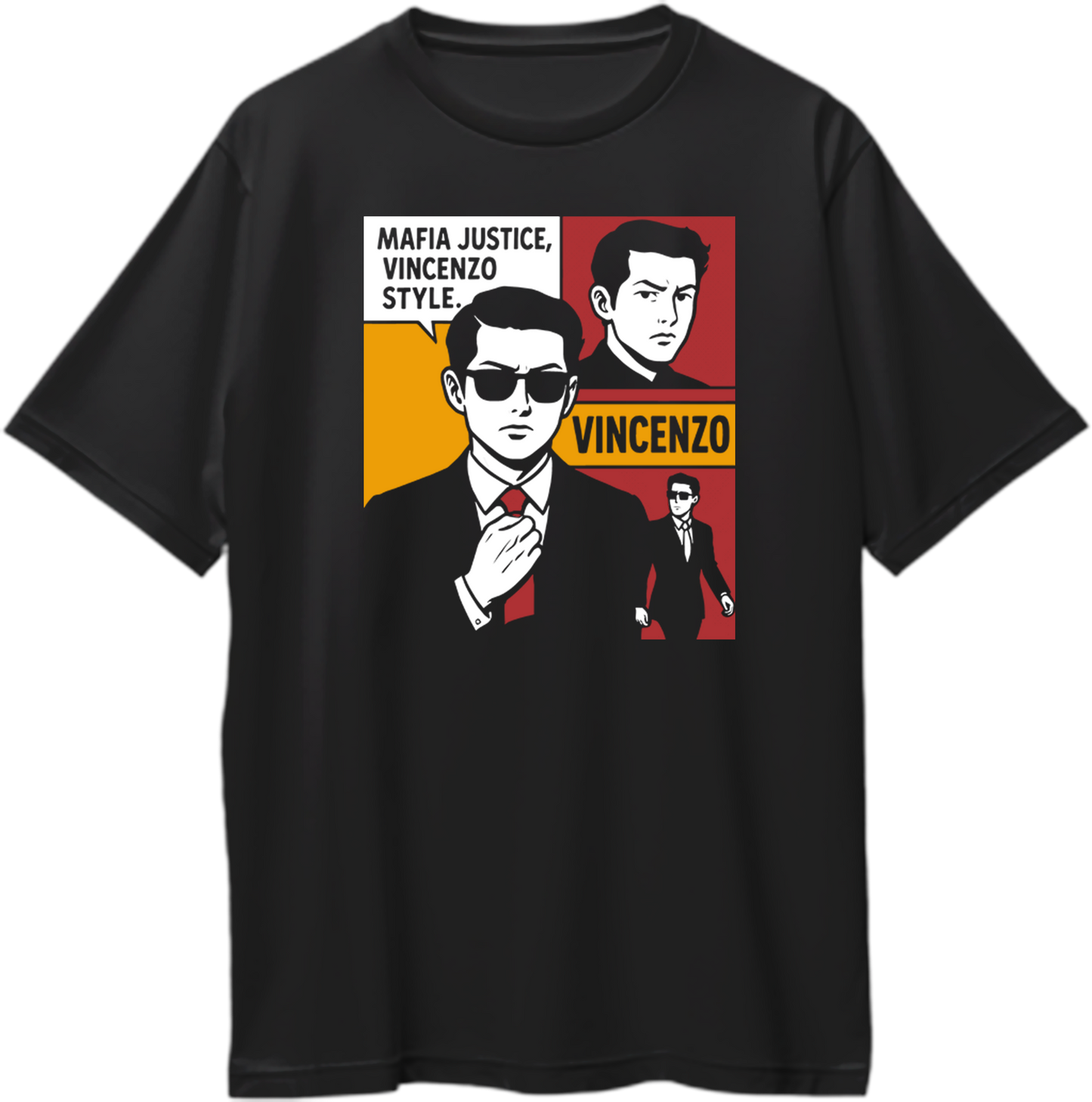Oversized unisex Vincenzo T-shirt with multiple poses and Mafia Justice Vincenzo Style quote on chest