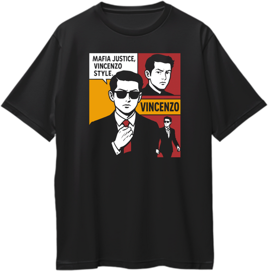 Oversized unisex Vincenzo T-shirt with multiple poses and Mafia Justice Vincenzo Style quote on chest