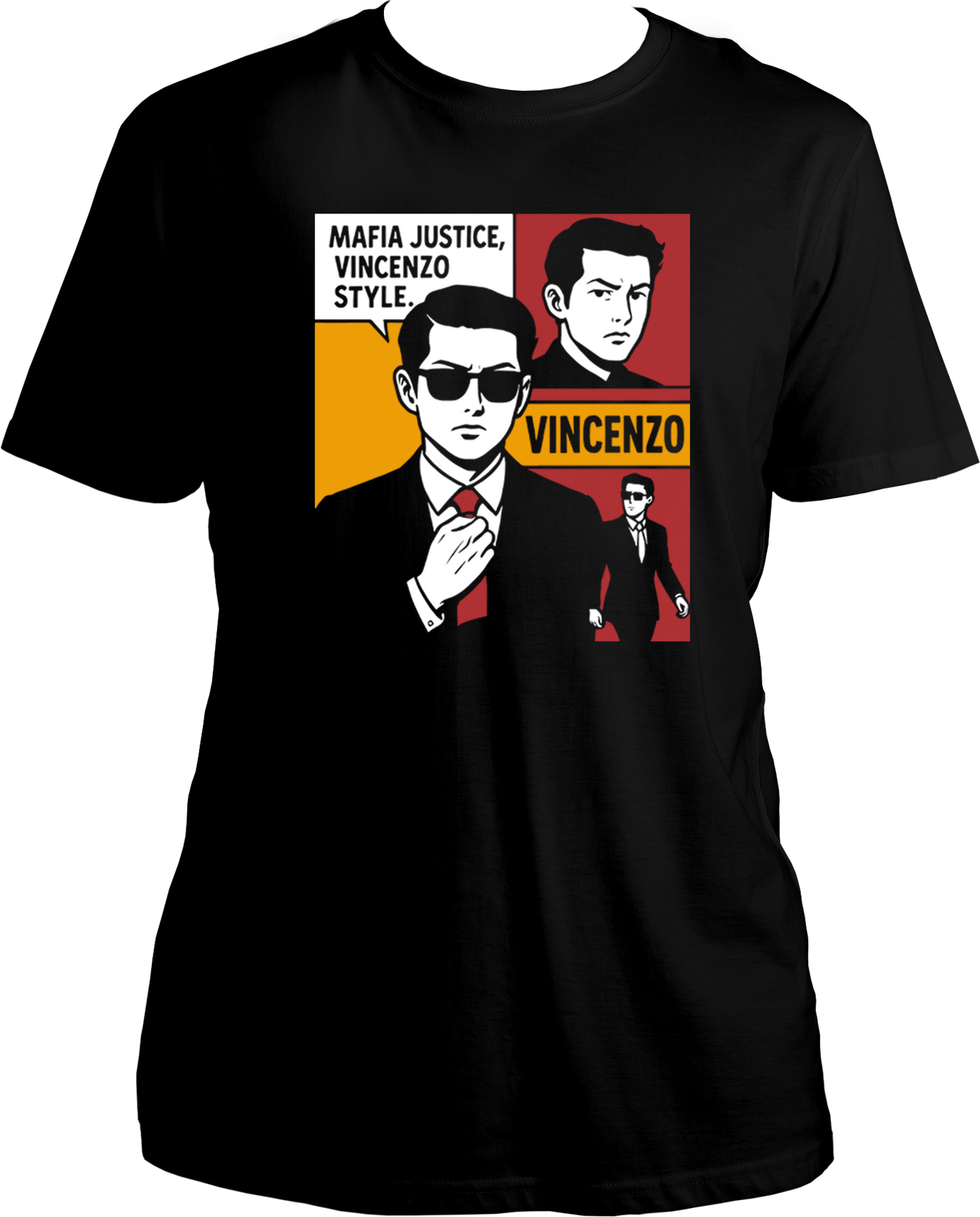 Regular fit Vincenzo unisex T-shirt with mafia justice quote and character print