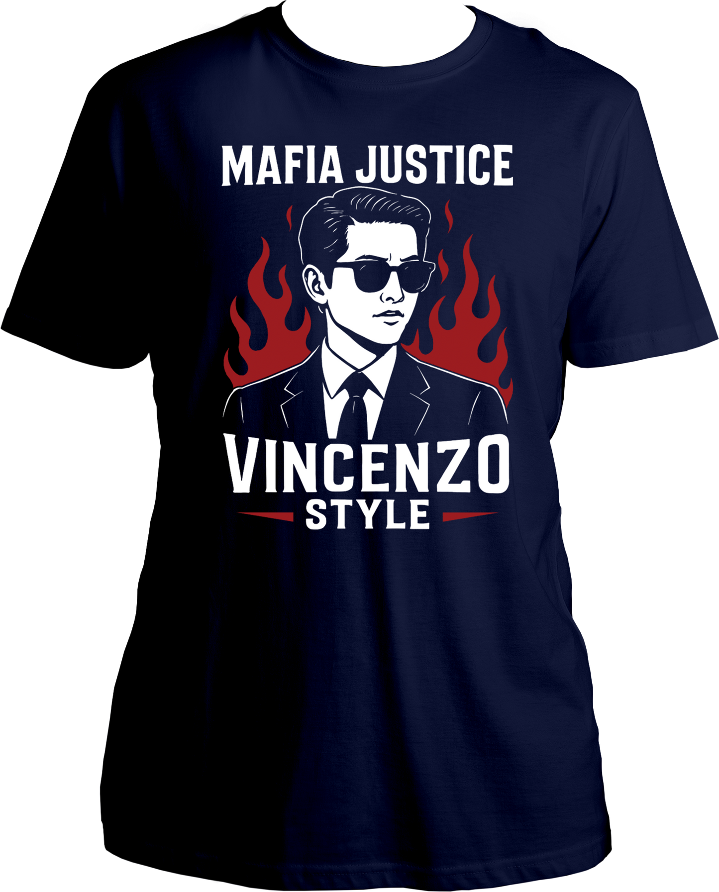 Regular fit unisex Vincenzo T-shirt with mafia justice flame design in Korean drama style