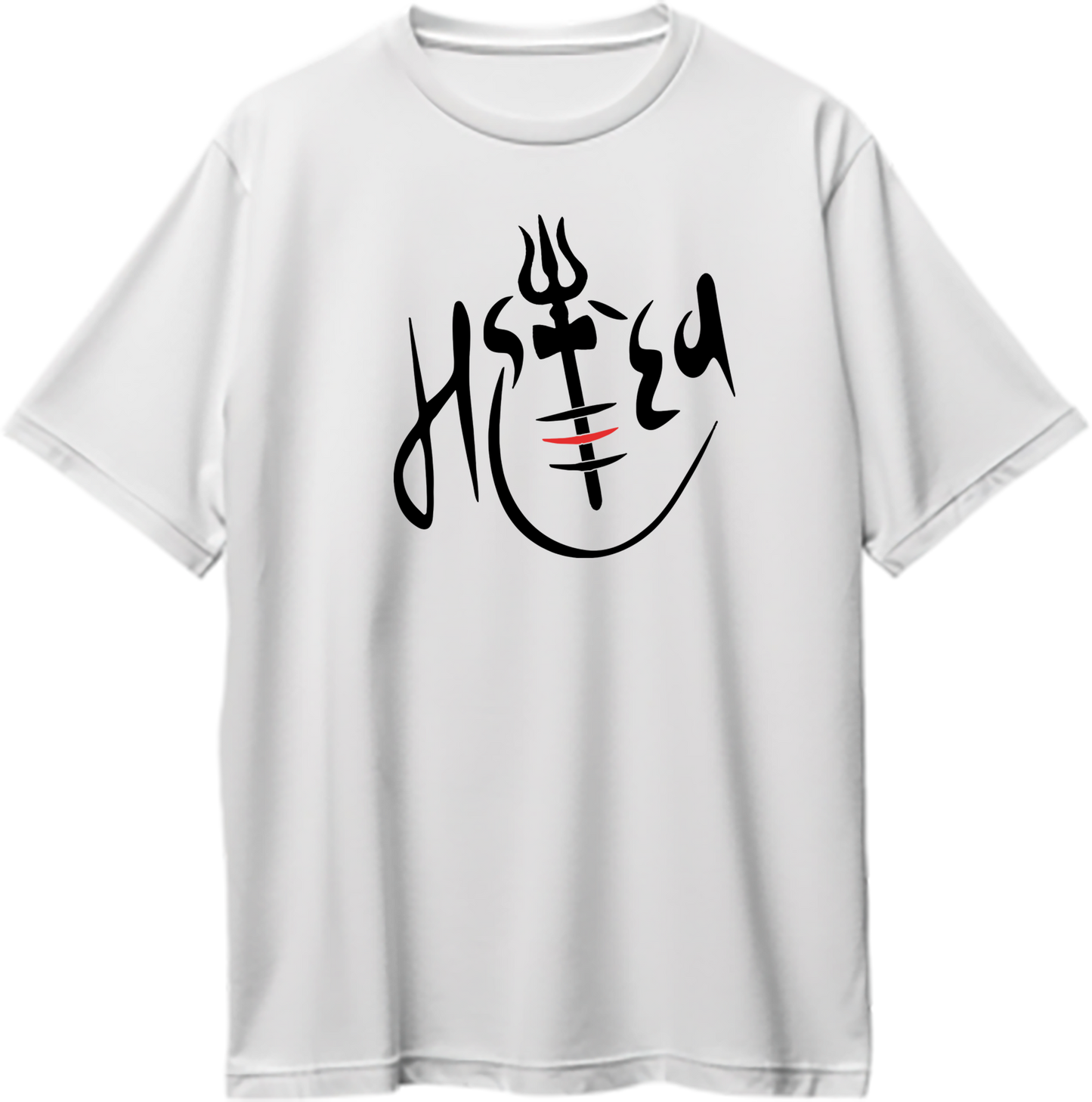 Mahadev Oversized Unisex T-Shirt featuring “महादेव” in Hindi with Shiv ji’s Trishul and Damru, perfect for spiritual wear.