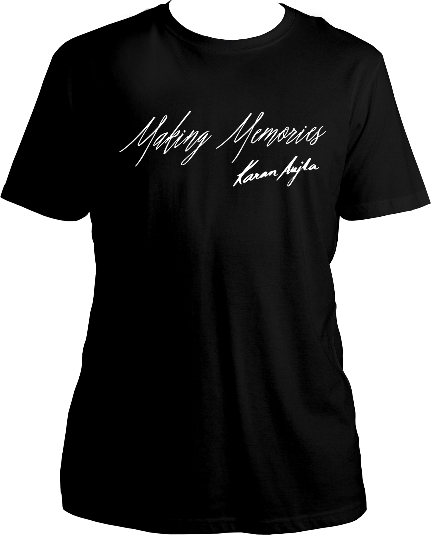 Front view of the Making Memories Karan Aujla T-Shirt featuring the album title and signature in bold design.