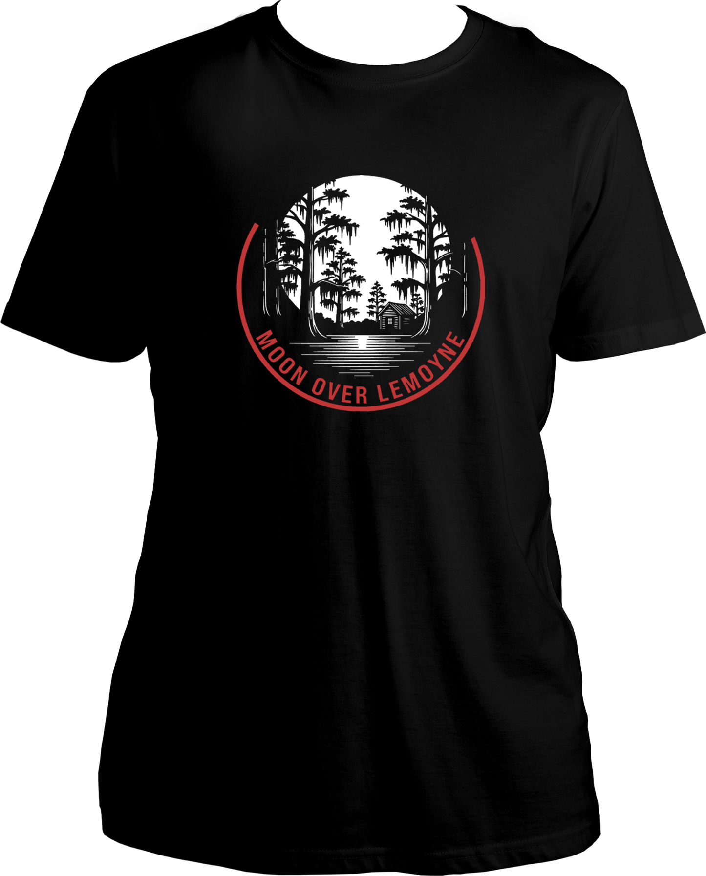 Black t-shirt with moonlight swamp and cabin artwork, featuring text “Moon Over Lemoyne,” inspired by Red Dead Redemption 2 – Garrari Brand.