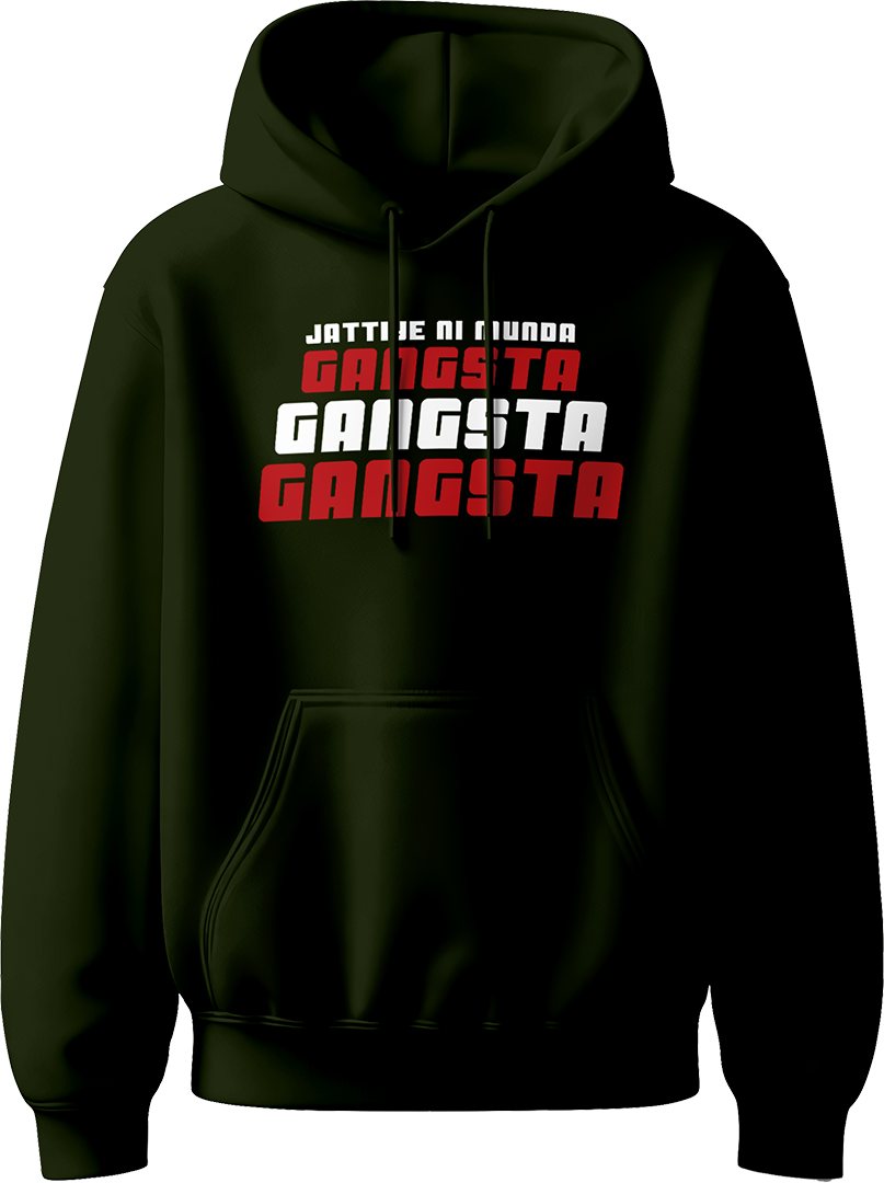 Munda Gangsta Karan Aujla hoodie inspired by the hit song GANGSTA, featuring bold typography and iconic lyrics for Punjabi music fans.