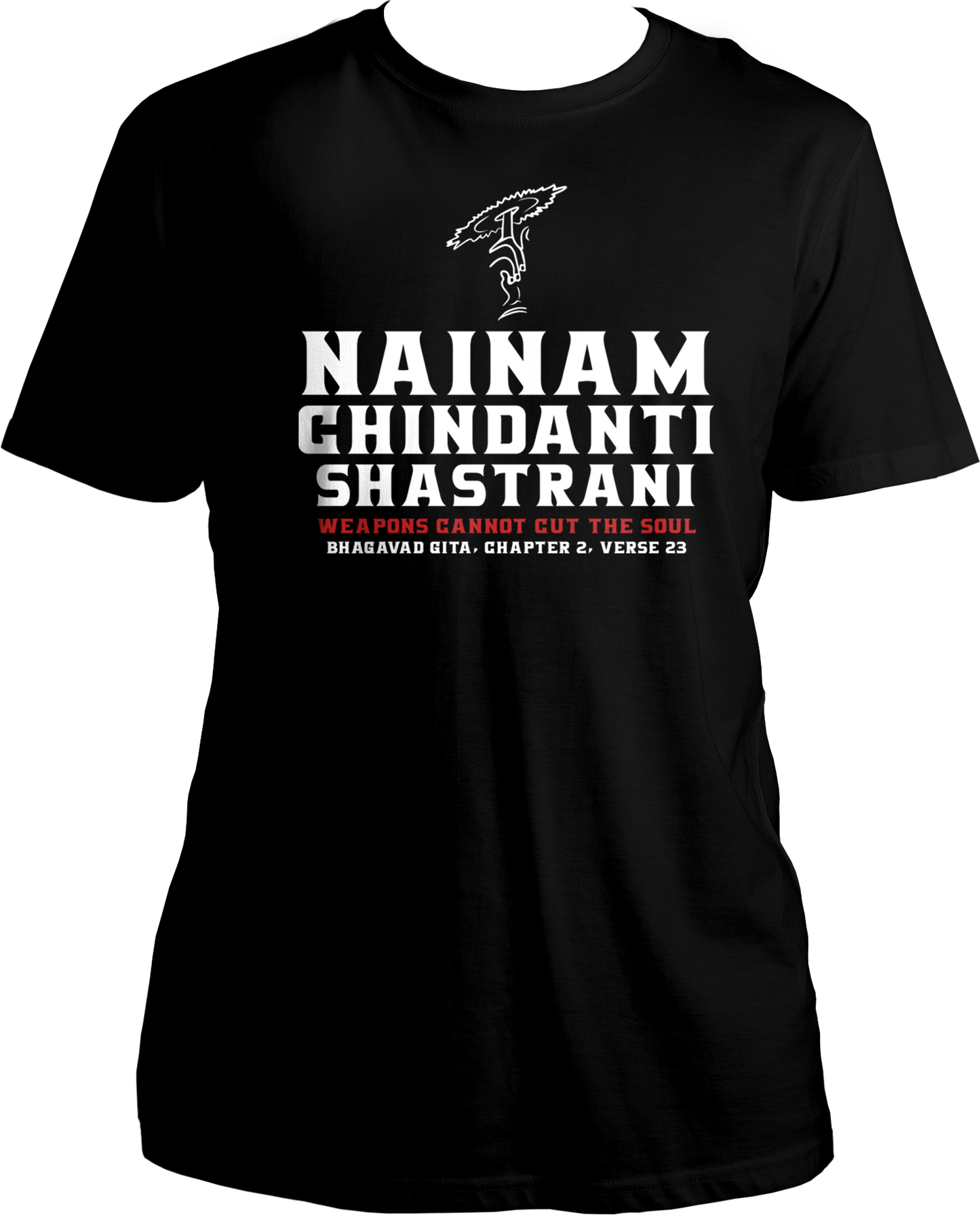 Collection of Bhagavad Gita and Shri Krishna devotional t-shirts, featuring Nainam Chindanti Shastrani design