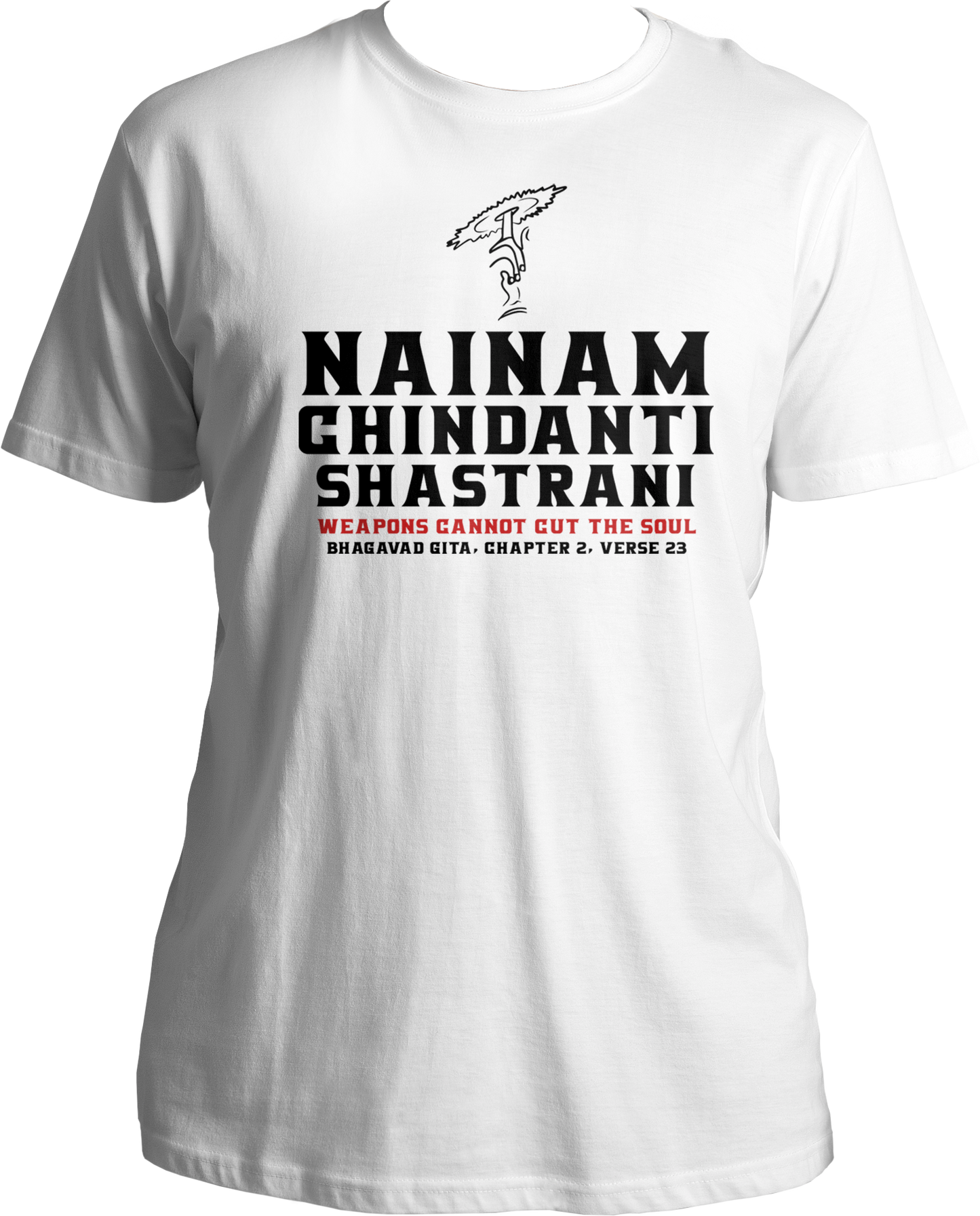 Collection of Bhagavad Gita and Shri Krishna devotional t-shirts, featuring Nainam Chindanti Shastrani design
