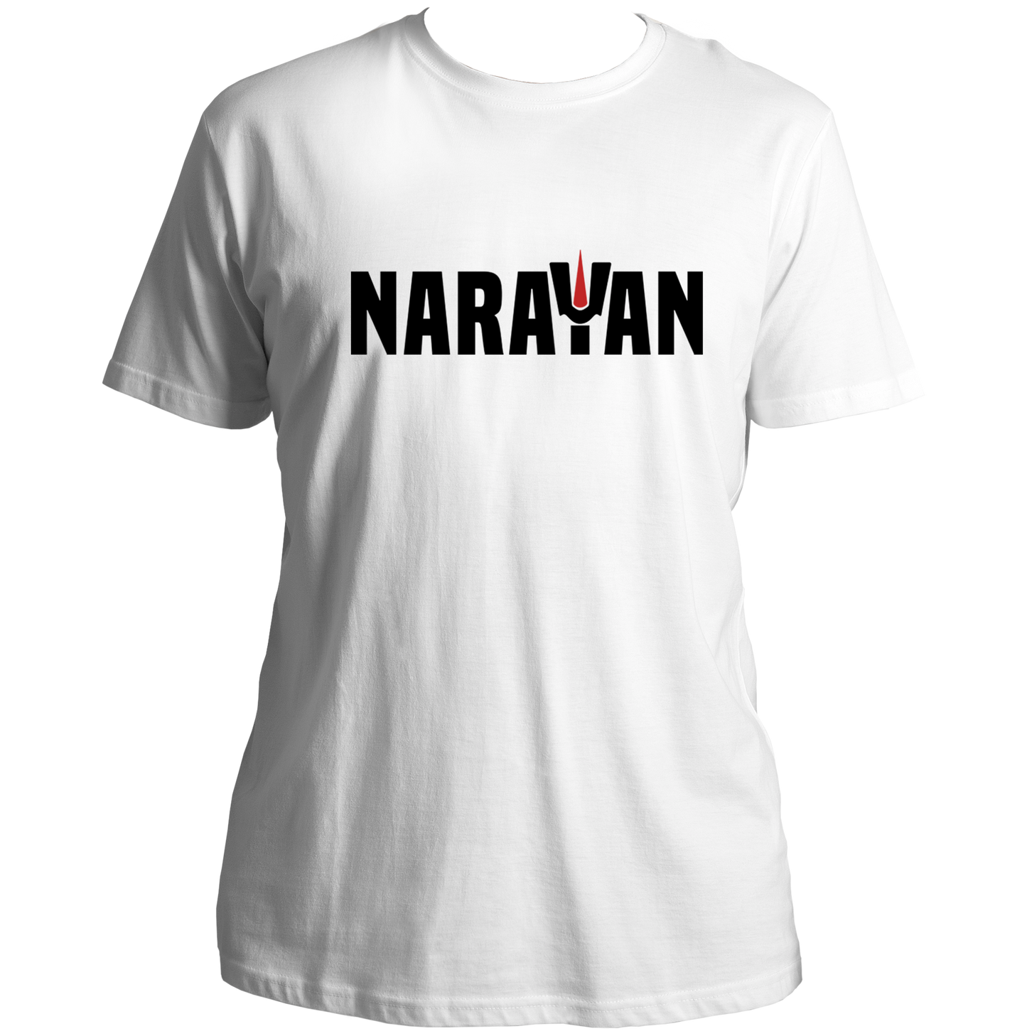 White Narayan T-shirt with bold Narayan typography and tilak detail by Garrari